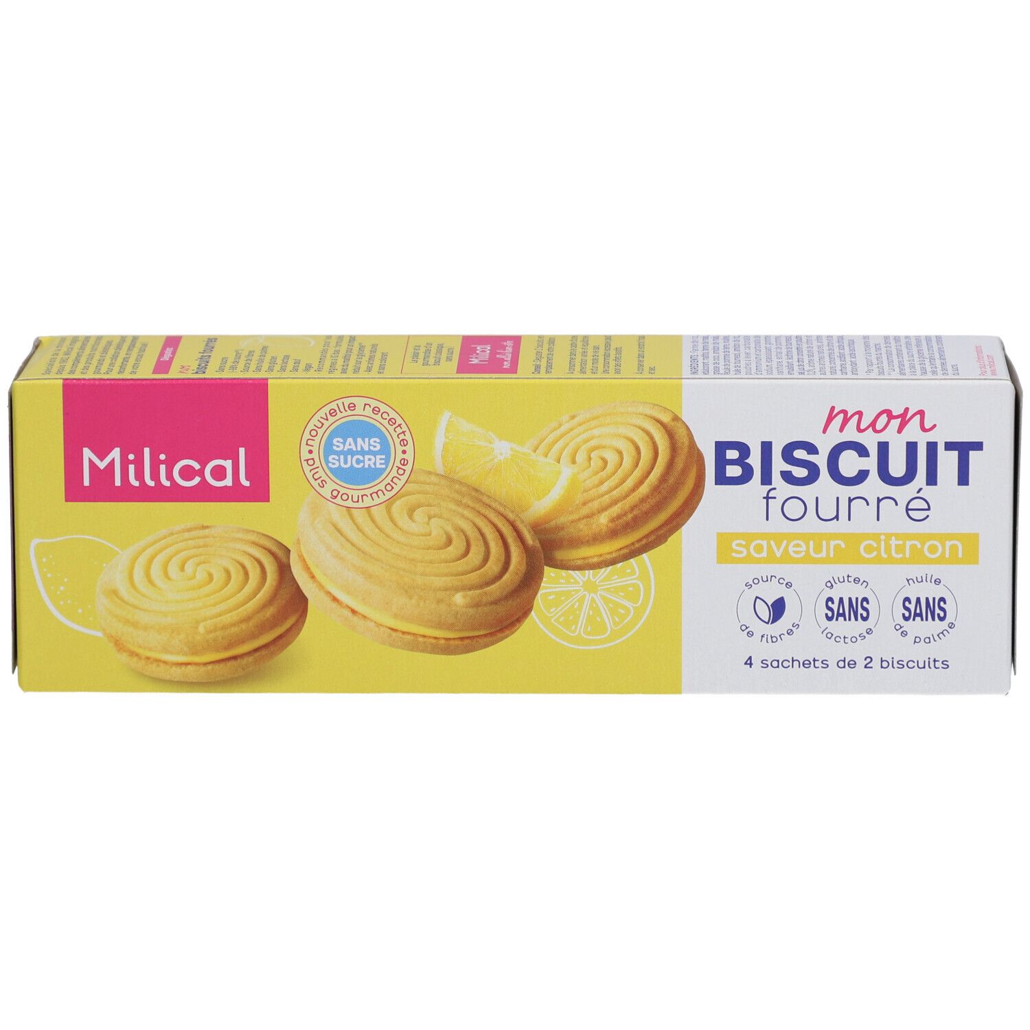 Gele verpakking "Milical" "mon BISCUIT fourré saveur citron". Koekjes en citroen afgebeeld. "Sans sucre". 4 x 2 koekjes.
