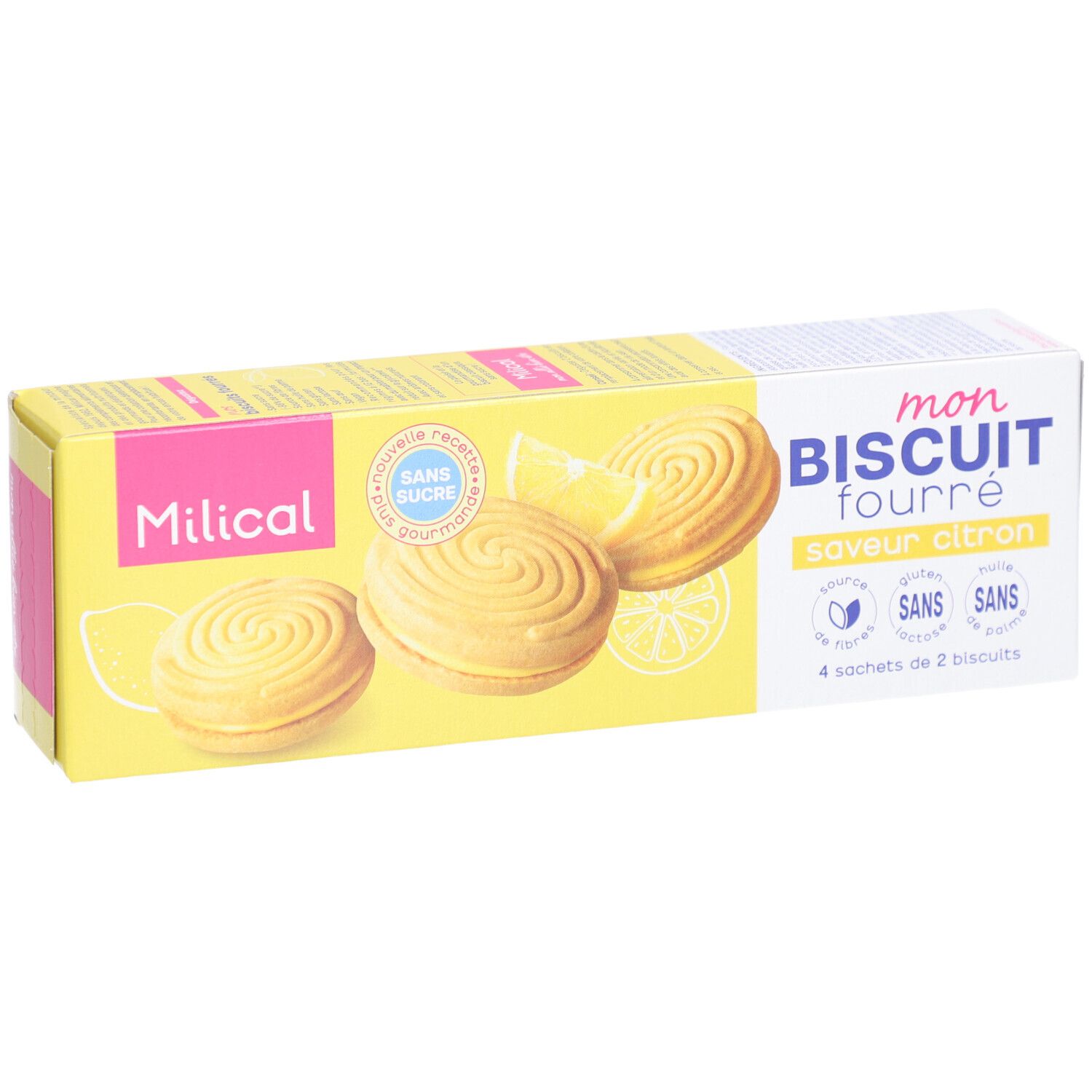 Gele verpakking "Milical" "mon BISCUIT fourré saveur citron". Koekjes en citroen afgebeeld. "Sans sucre". 4 x 2 koekjes.