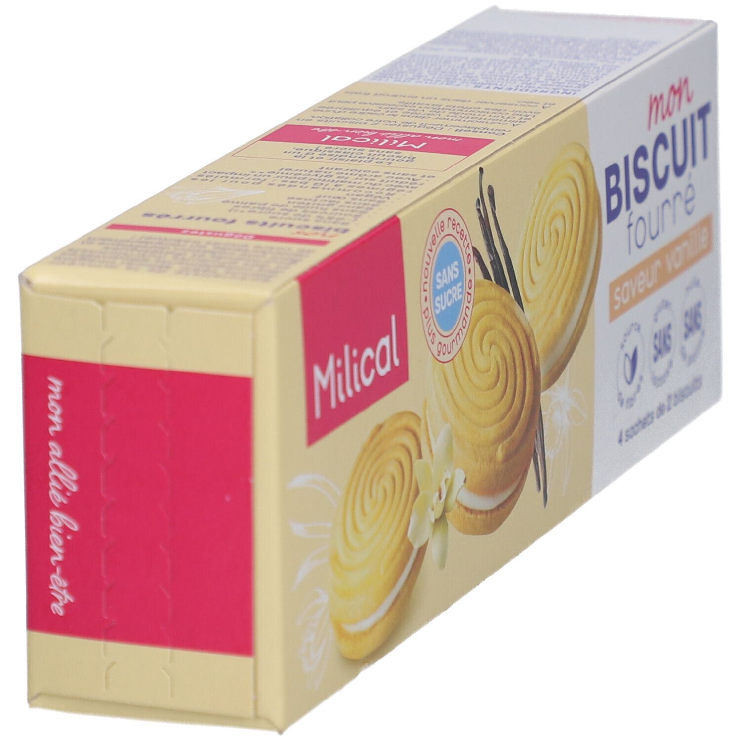 Schuine weergave van de koekjesverpakking. Opschrift: Milical, Mon Biscuit Fourré, vanille. Zonder suiker, gluten, lactose, palmolie. Roze en gele kleuren.