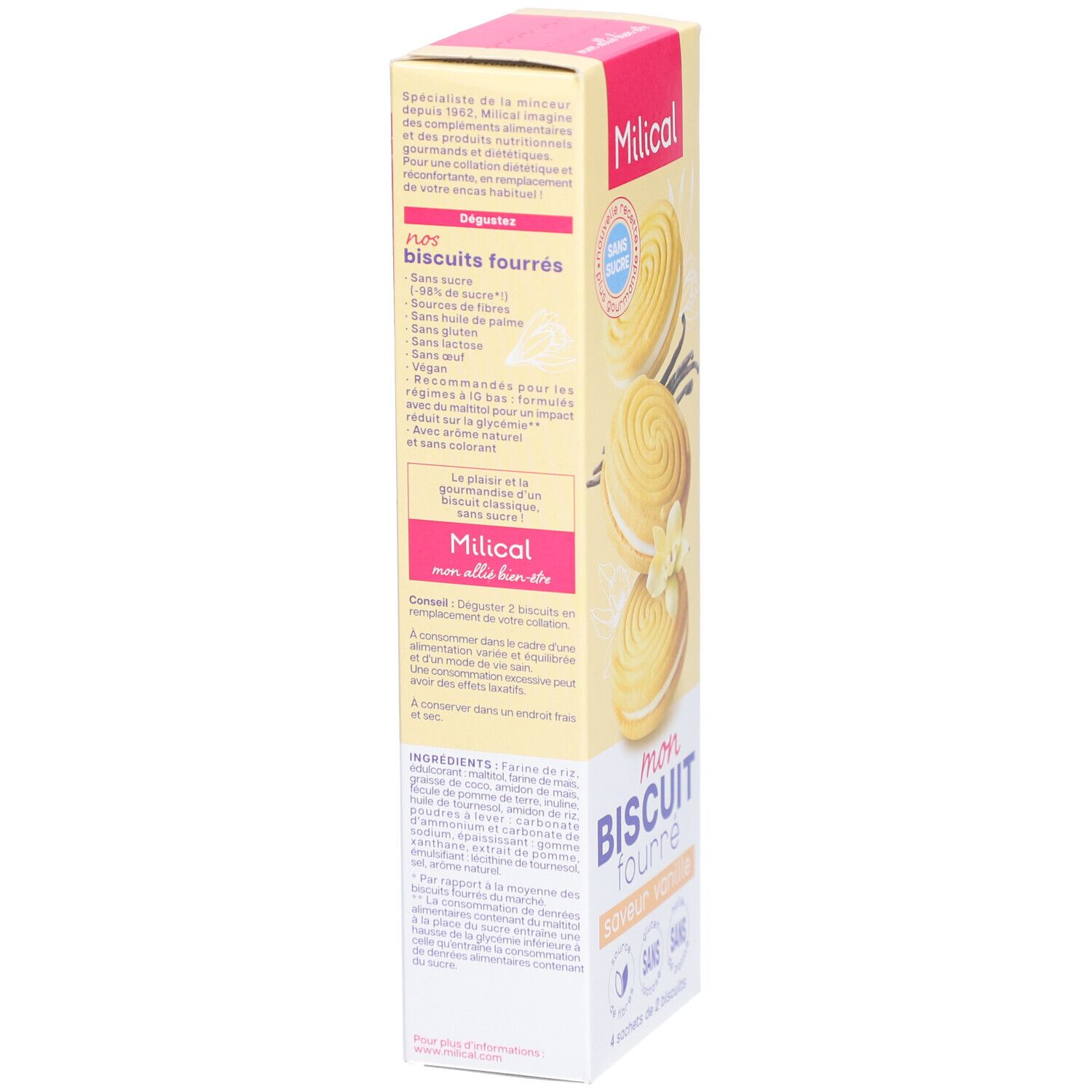 Koekjesverpakking, zijaanzicht. Opschrift: Milical, Mon Biscuit Fourré, vanille. Ingrediëntenlijst, voedingswaarde. Geel en roze.
