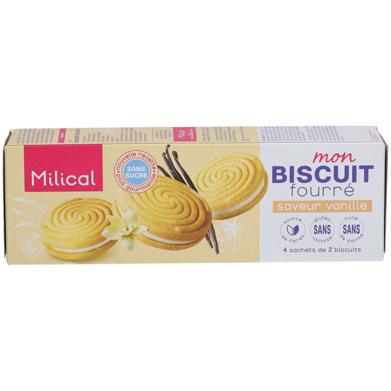 Koekjesverpakking. Opschrift: Milical, Mon Biscuit Fourré, vanille. 4 zakjes van 2 koekjes. Zonder suiker, gluten, lactose, palmolie. Geel en roze.