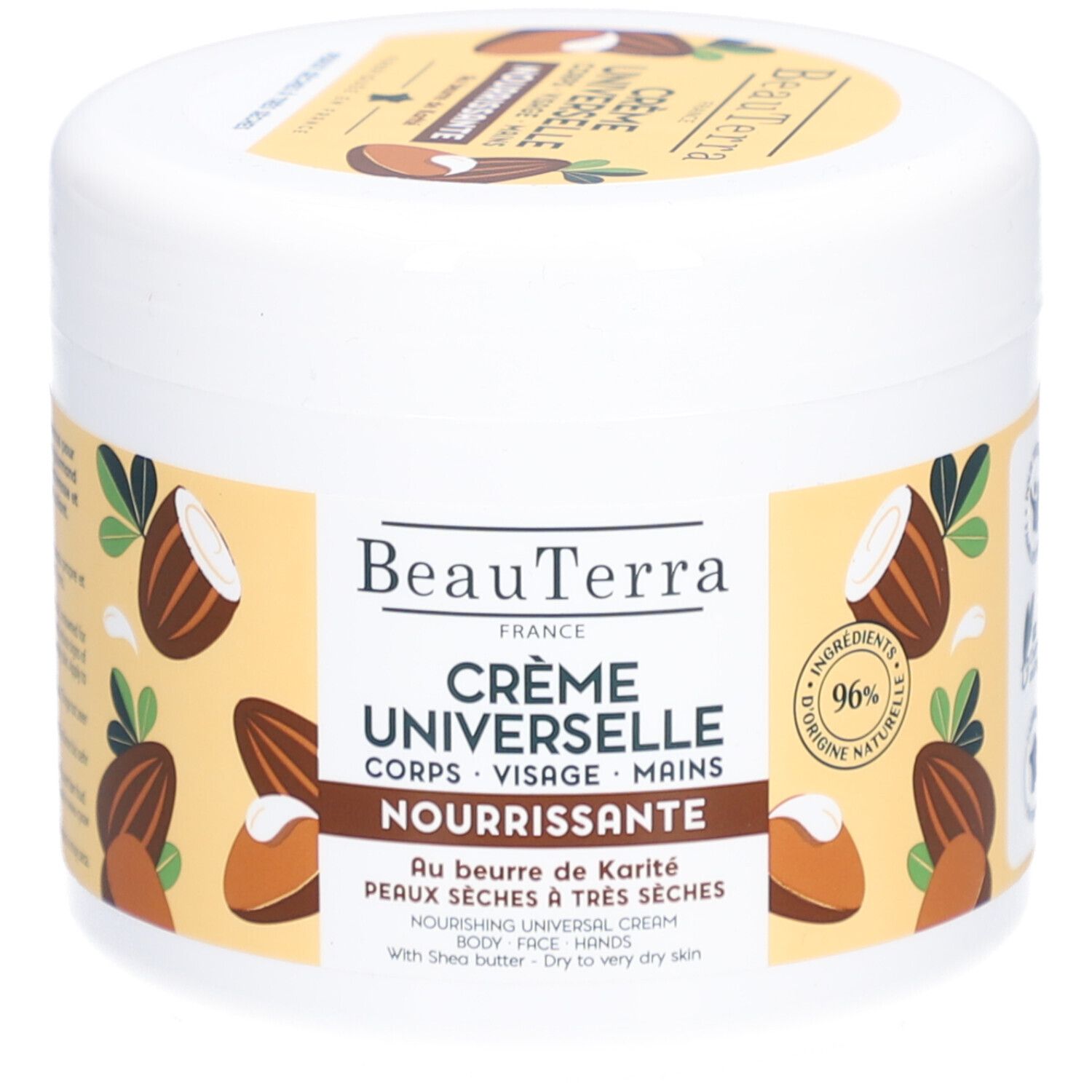 Witte pot met opschrift Crème Universelle. Met shea butter. Voor gezicht, lichaam en handen. Voor droge huid. 96% natuurlijk.