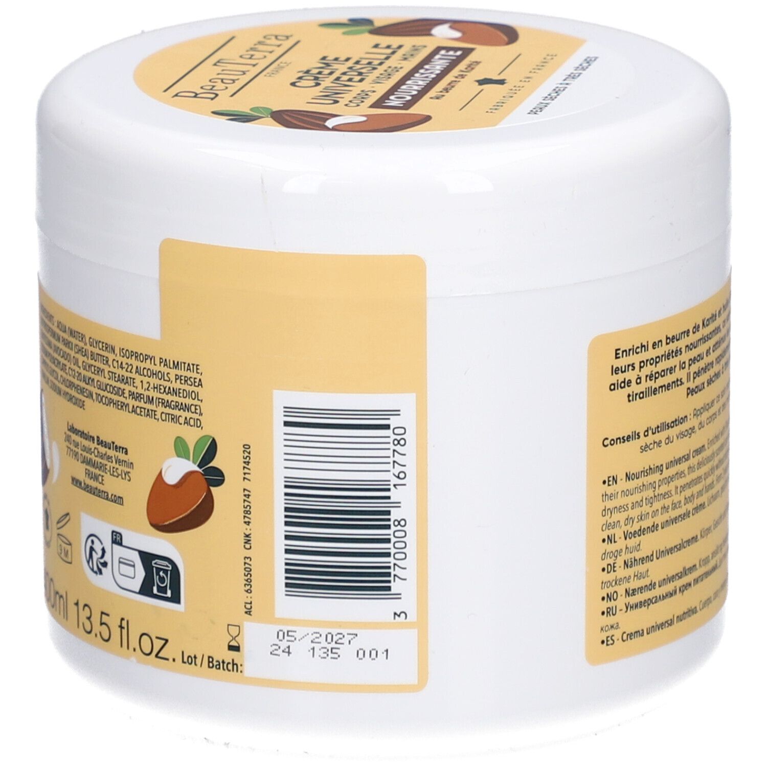 Witte pot, zijaanzicht. Streepjescode en ingrediënten. 13,5 fl.oz. / 400ml. Houdbaarheidsdatum.