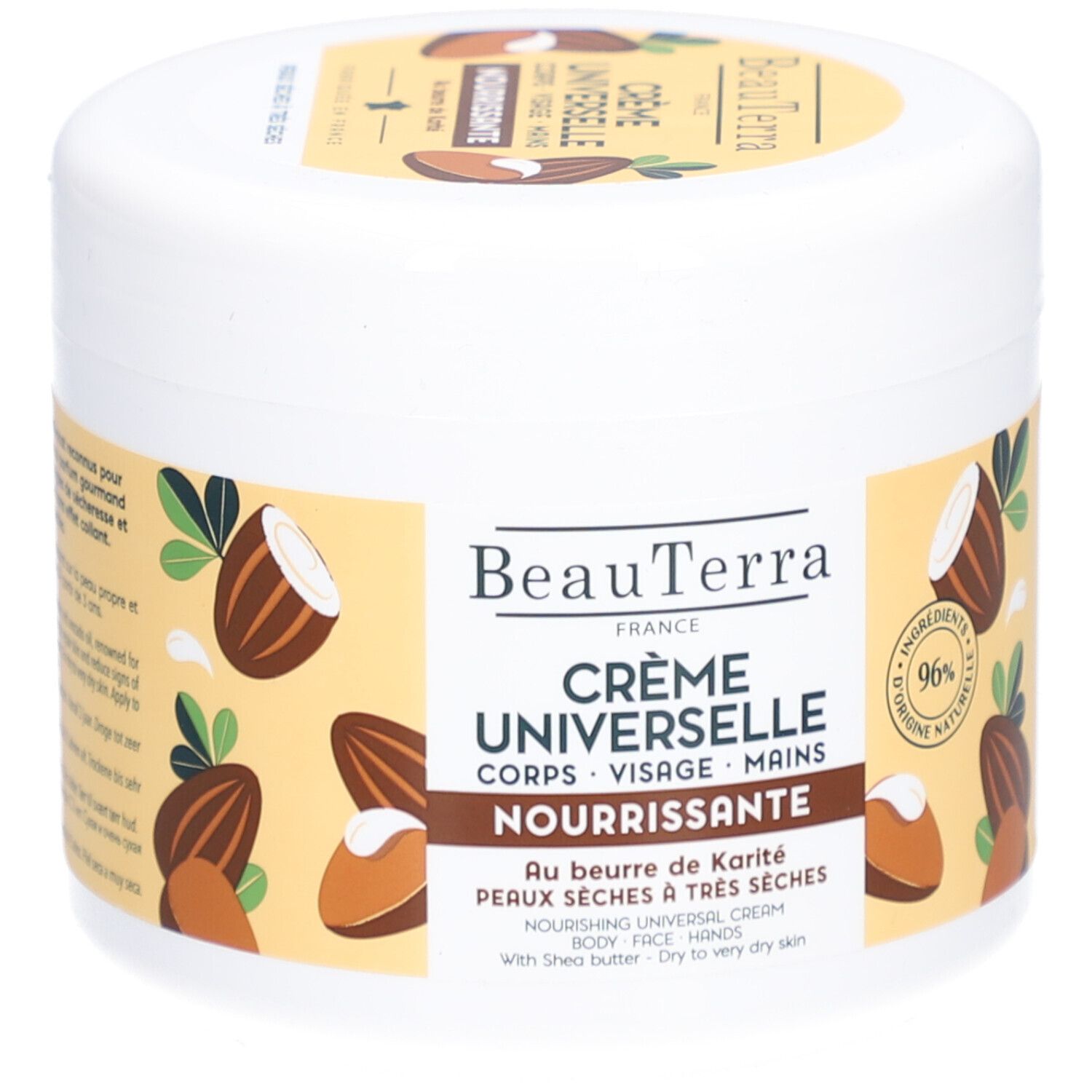 Witte pot met opschrift Crème Universelle. Met shea butter. Voor gezicht, lichaam en handen. Voor droge huid.