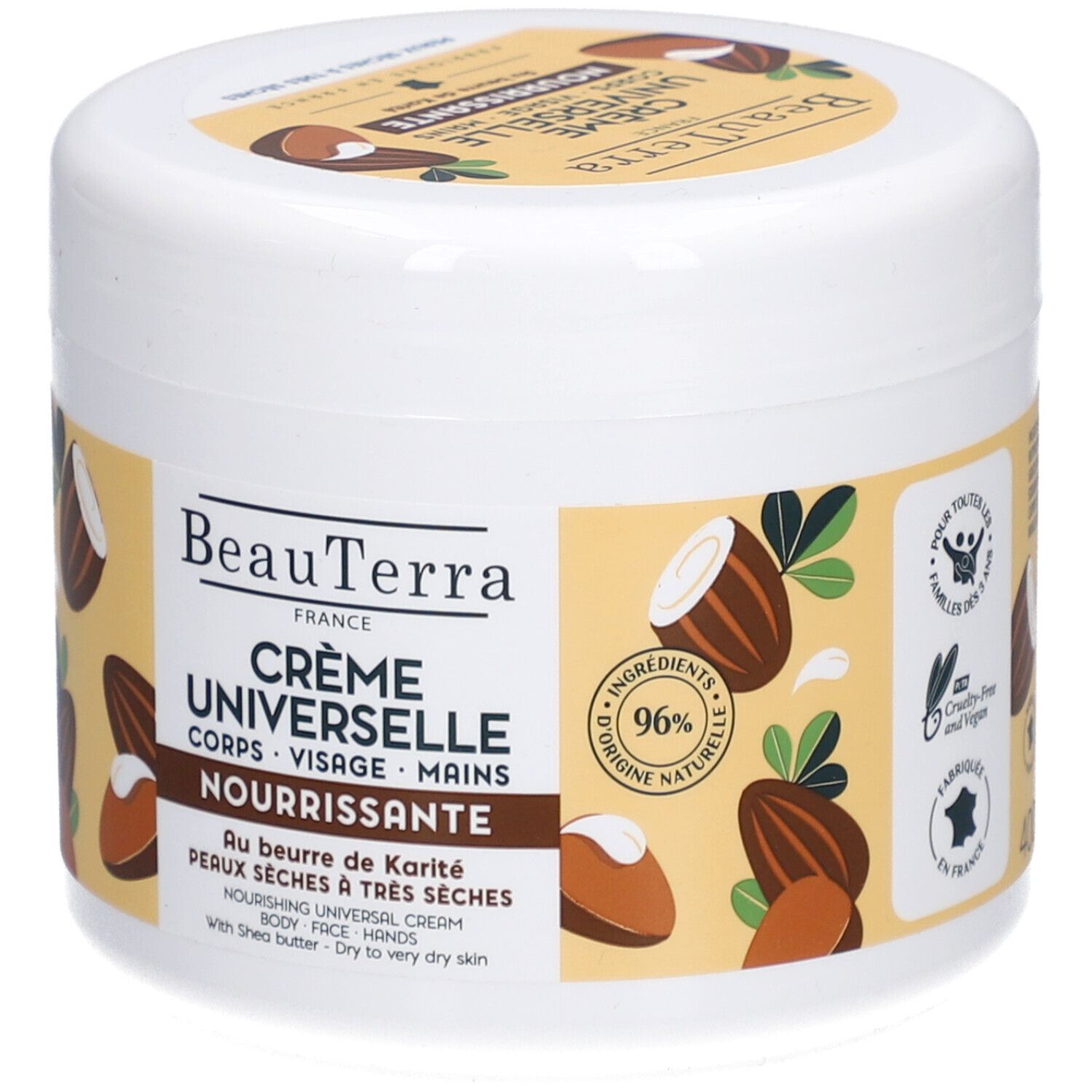 Witte pot met opschrift Crème Universelle. Met shea butter. Voor gezicht, lichaam en handen. 96% natuurlijk.