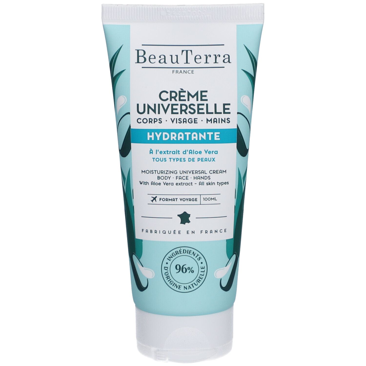 Tube Beauterra Crème Universelle Hydratante. Tekst: Crème Universelle, Hydratante, Aloe Vera. Groen en turquoise design.