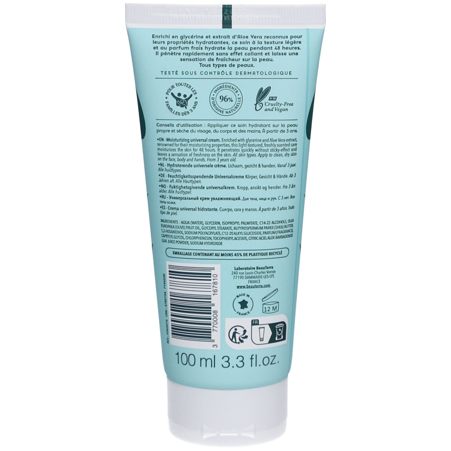 Achterkant van de Beauterra Crème Universelle Hydratante tube. Tekst: ingrediënten, gebruiksaanwijzing, 100 ml. Recycling logo.