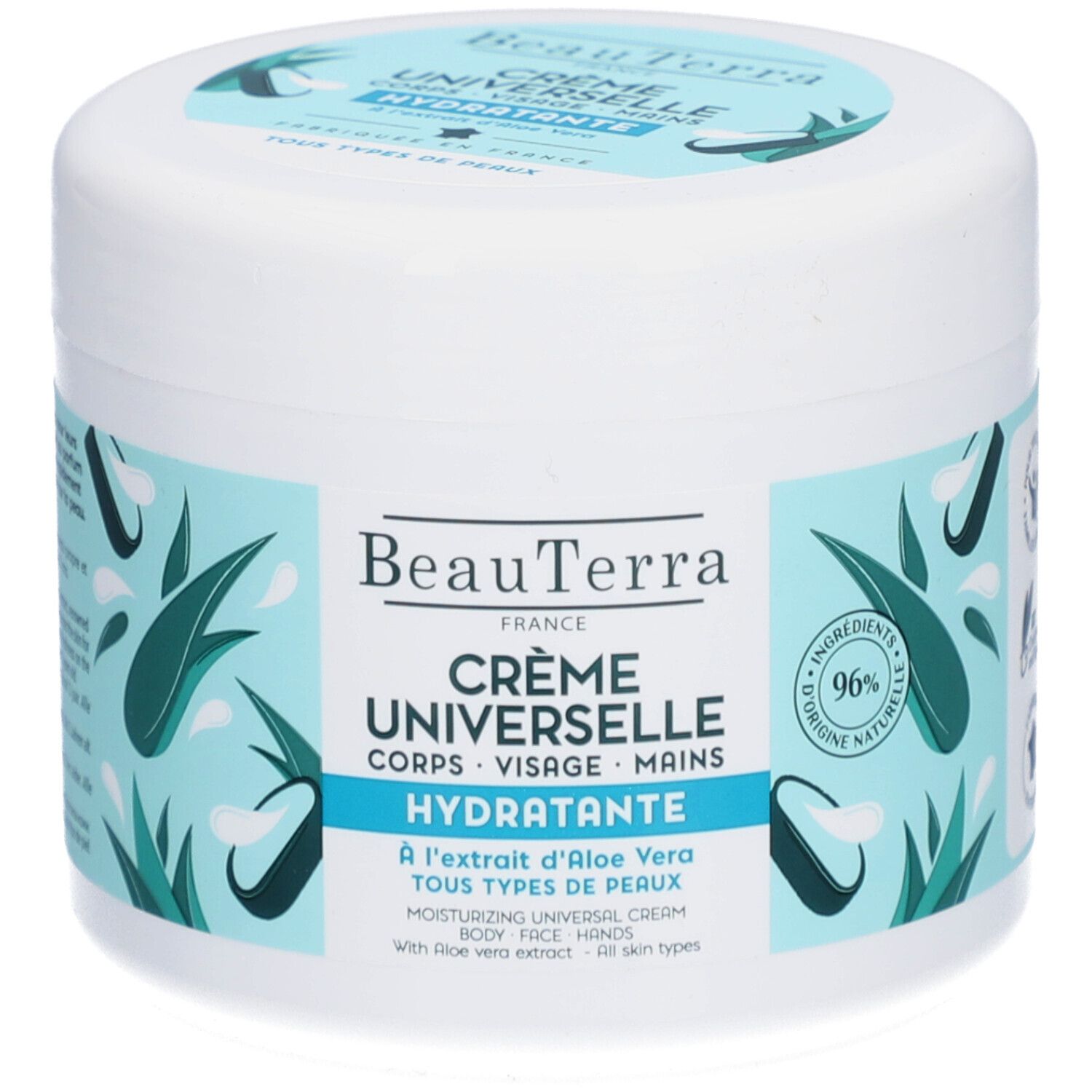 Pot blanc avec étiquette bleue. Inscription: BeauTerra Crème Universelle Hydratante. Avec Aloe Vera. Pour tous types de peaux.
