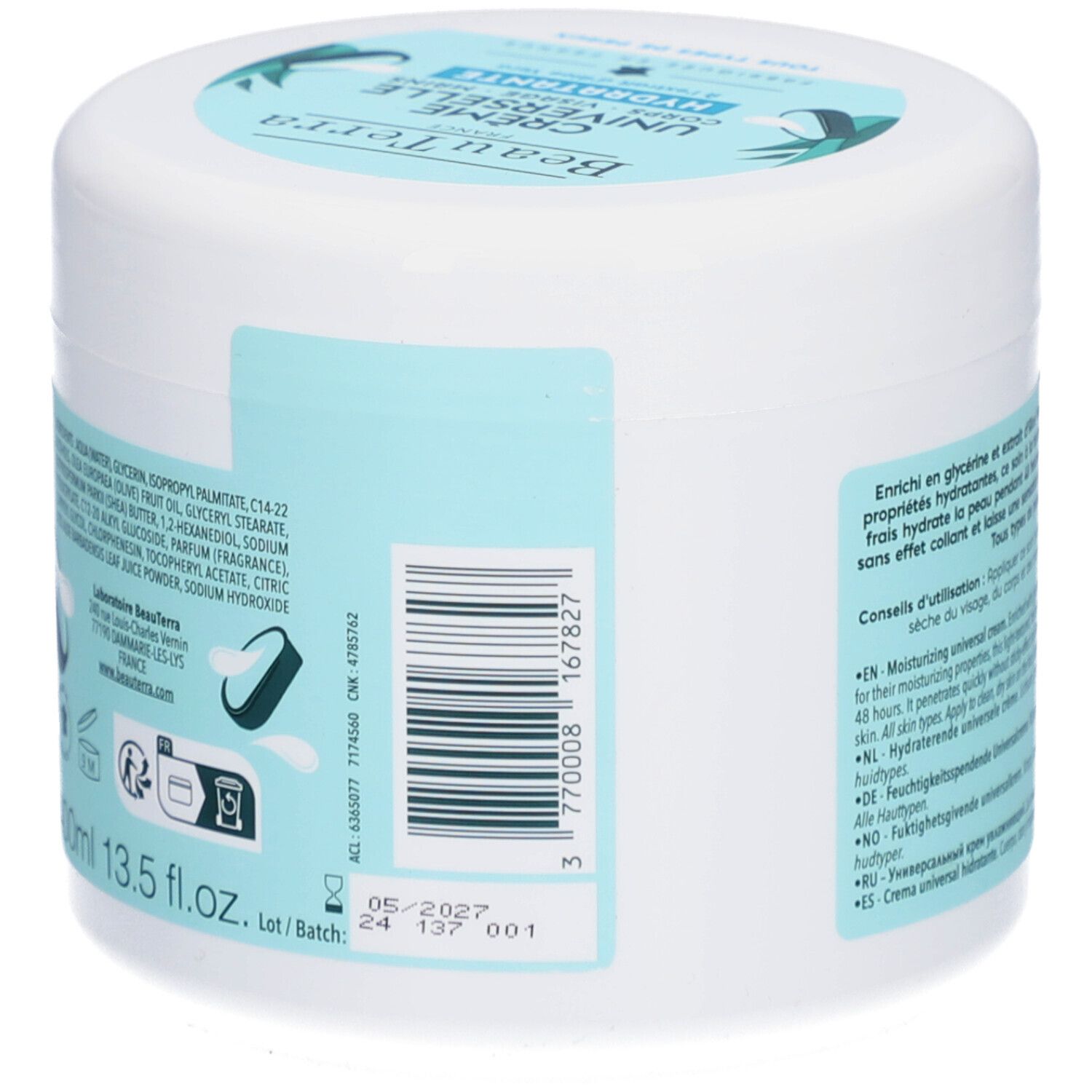Dos du pot blanc. Code-barres, numéro de lot et ingrédients. 13.5 fl.oz.