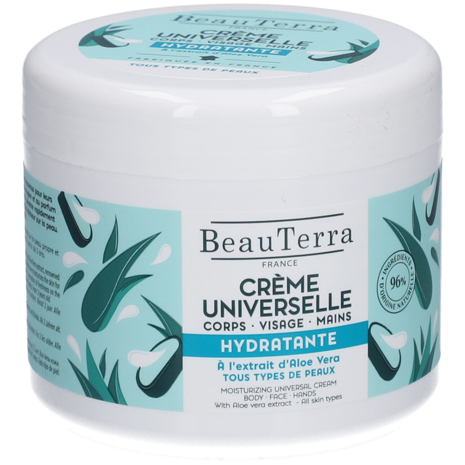 Pot blanc avec étiquette bleue. Inscription: BeauTerra Crème Universelle Hydratante. Avec Aloe Vera. Pour tous types de peaux.