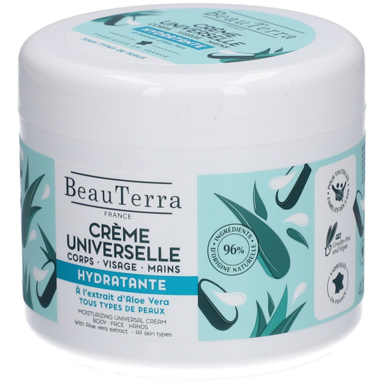 Pot blanc avec étiquette bleue. Inscription: BeauTerra Crème Universelle Hydratante. Avec Aloe Vera. 96% ingrédients naturels.
