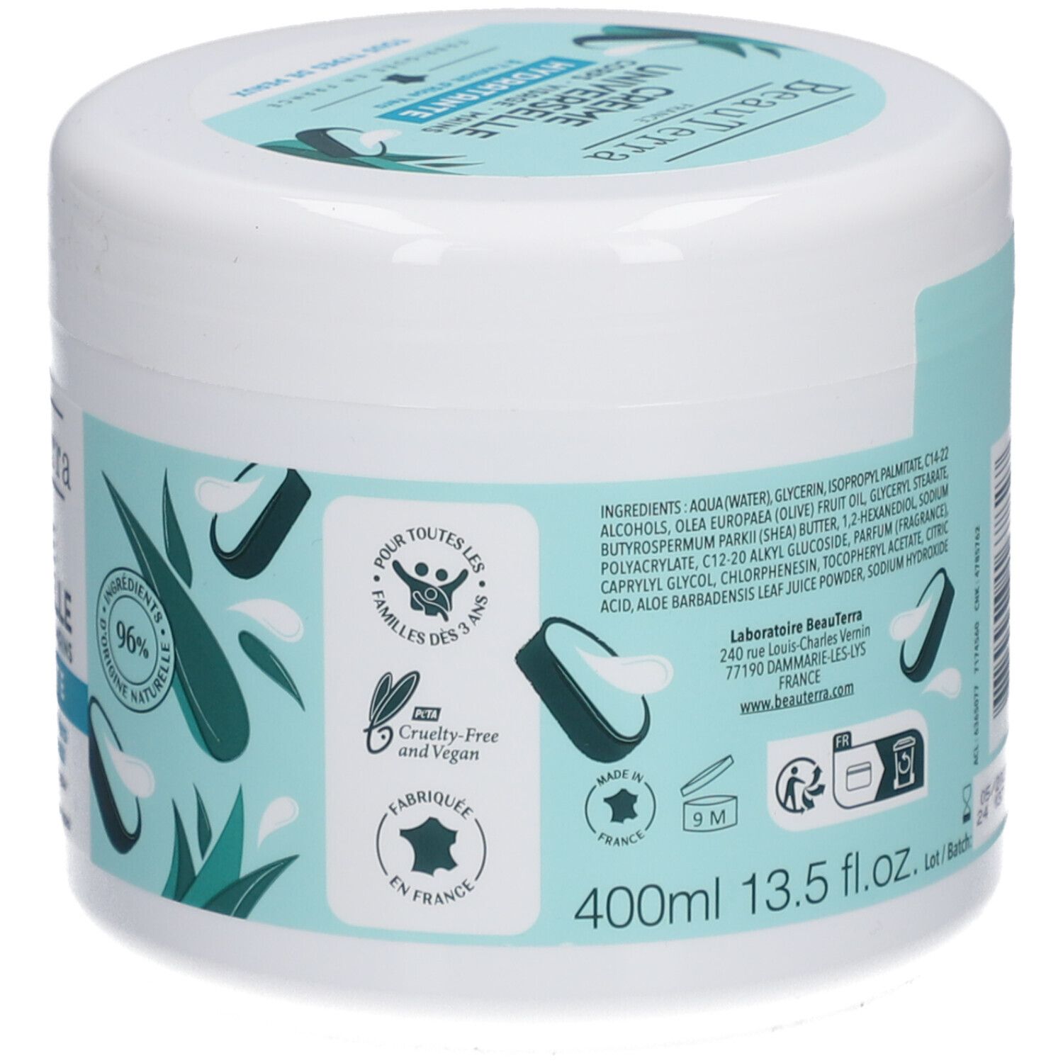Dos du pot blanc. Ingrédients, certifications, 400ml, 13.5 fl.oz. Fabriqué en France.