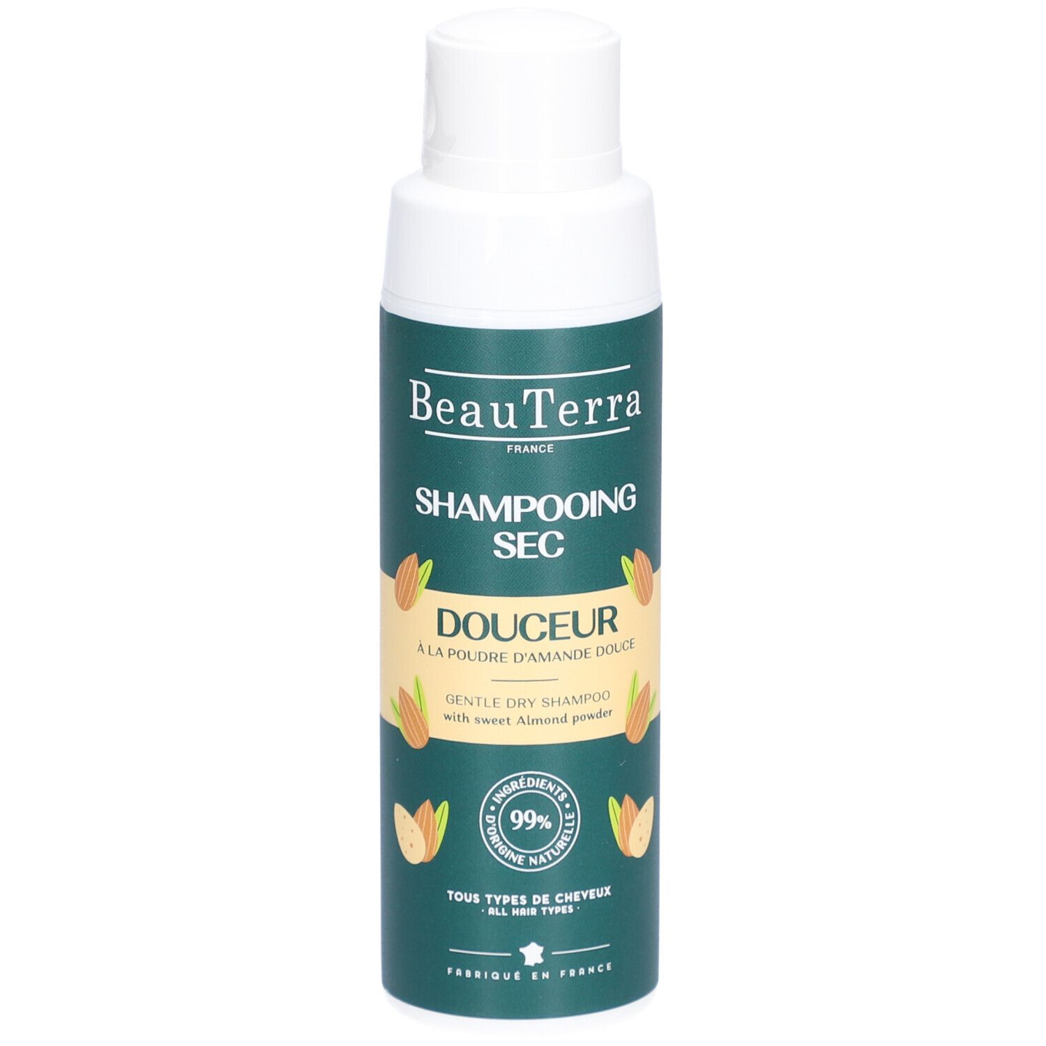 Flacon avec étiquette verte. Inscription: Shampooing Sec Douceur. Amandes illustrées. 99% ingrédients naturels.