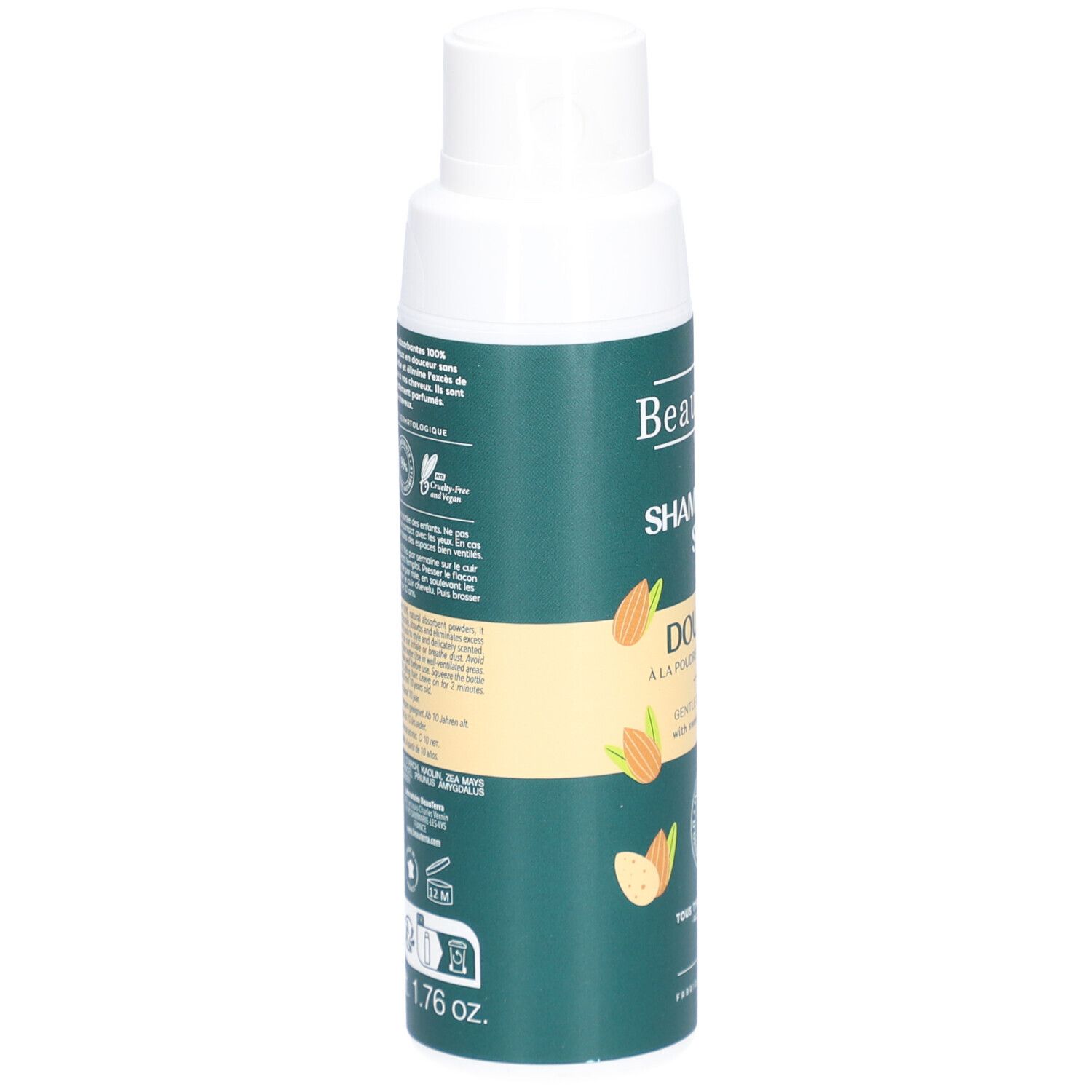 Flacon vert avec bouchon blanc. Texte: Shampooing Sec Douceur. Avec 1.76 oz. et divers logos.