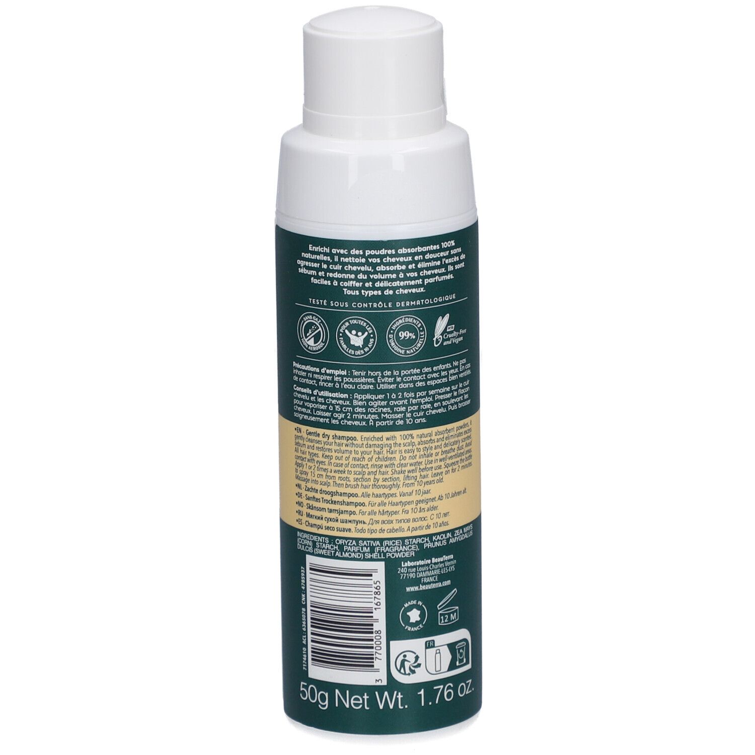 Flacon vert avec bouchon blanc. Texte et logos. Contient 50g poids net et 1.76 oz.