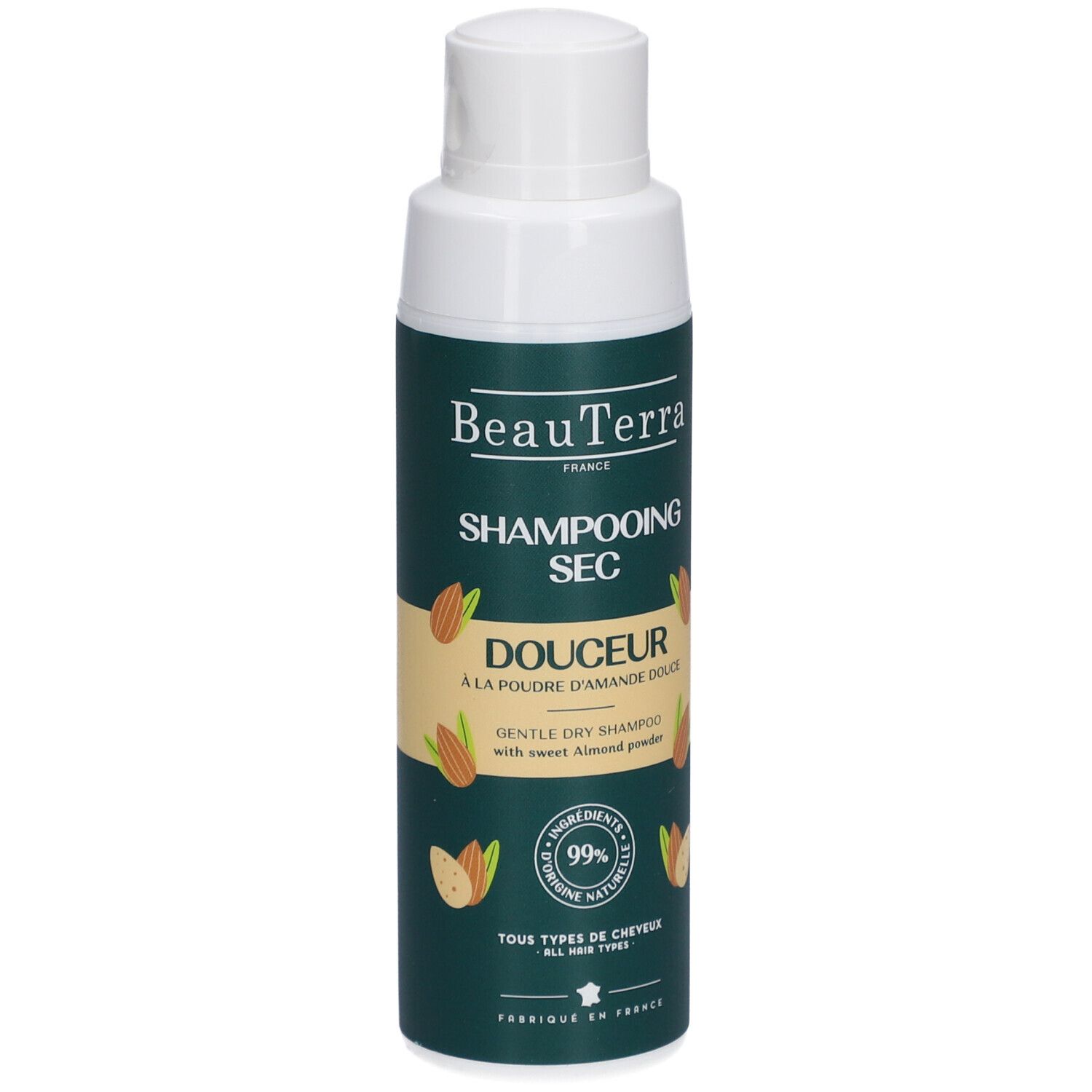 Flacon avec étiquette verte. Inscription: Shampooing Sec Douceur. Amandes illustrées. 99% ingrédients naturels.