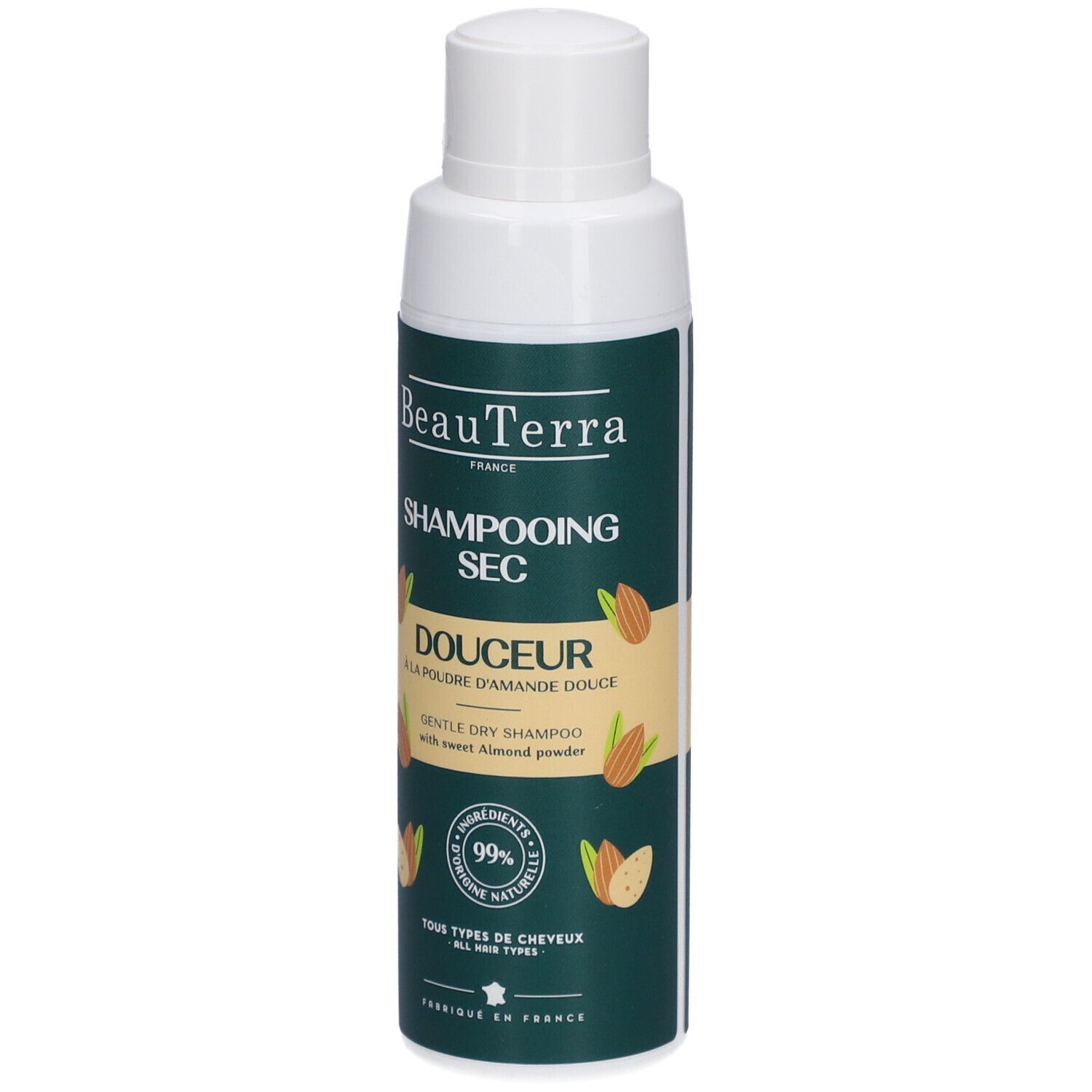 Flacon avec étiquette verte. Inscription: Shampooing Sec Douceur. Amandes illustrées. 99% ingrédients naturels.