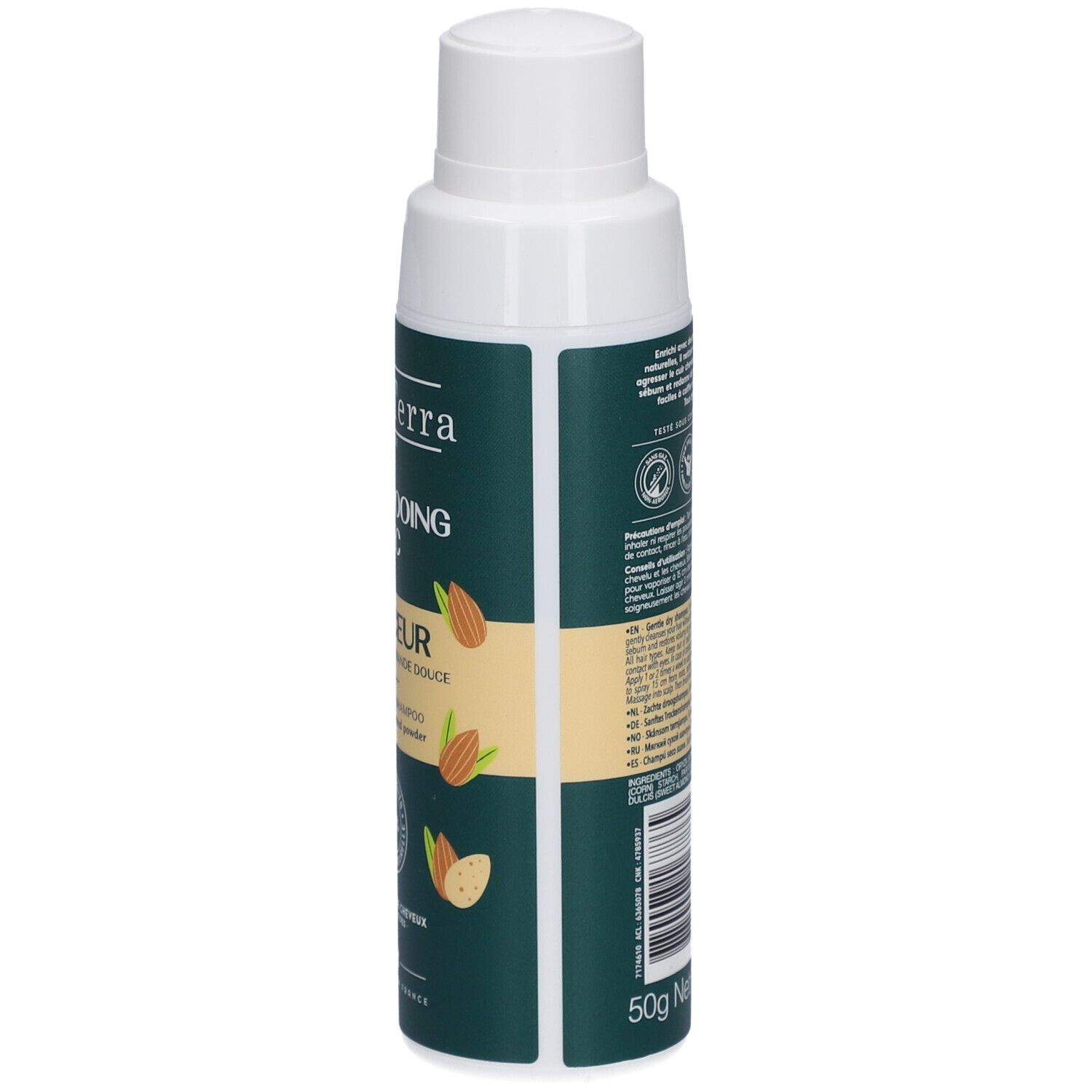 Flacon vert avec bouchon blanc. Texte et logos. Contient 50g poids net et 1.76 oz.