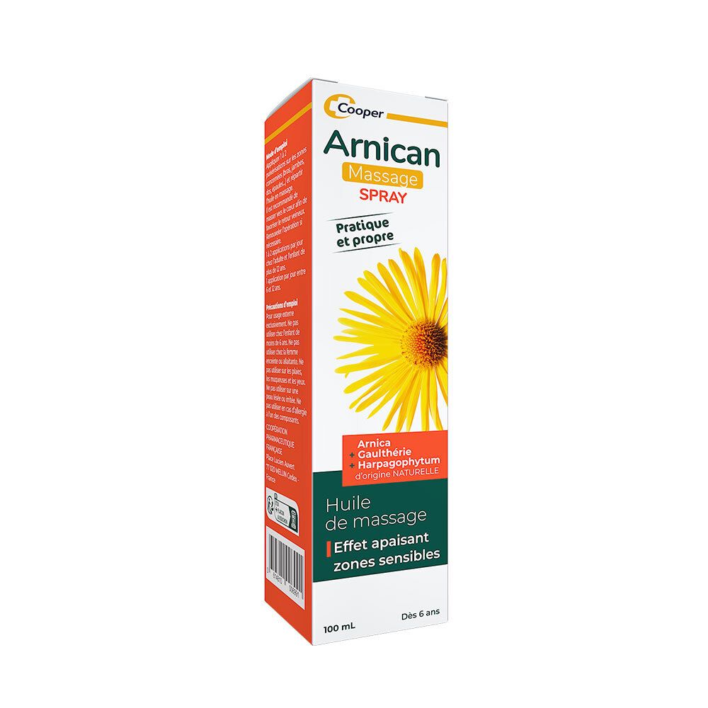 Arnicanspray-verpakking. Wit-oranje doos met productinformatie en gele bloem. Tekst: Massage Spray.