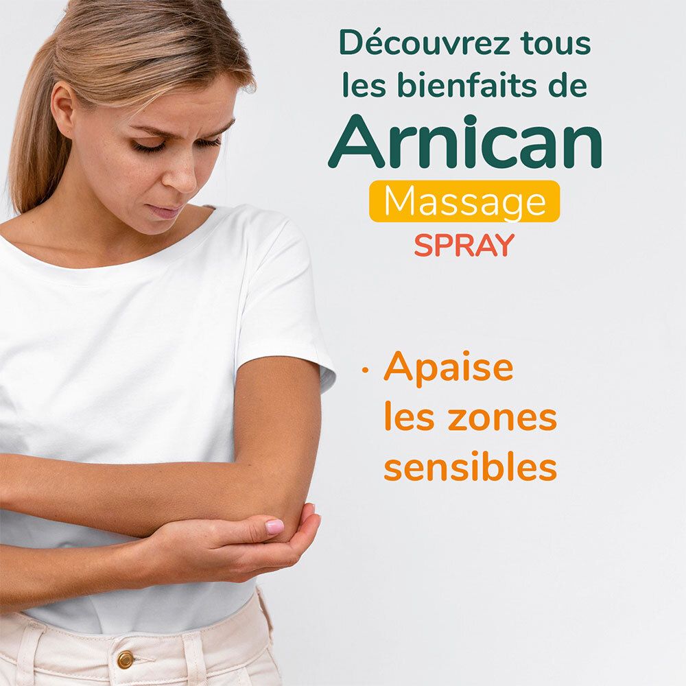 Vrouw met arm behandeld met Arnicanspray. Tekst: Ontdek de voordelen van Arnicanspray. Verzacht gevoelige zones.