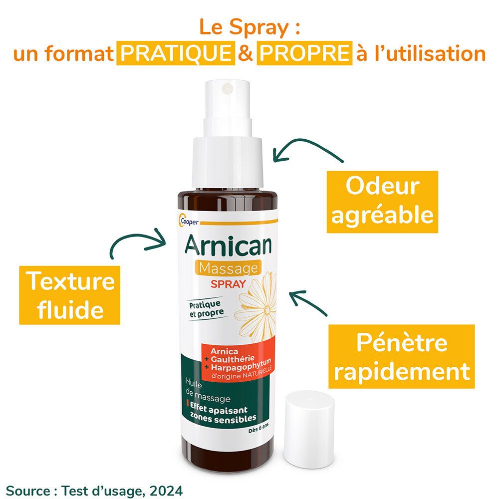 Arnicansprayfles met pijlen die eigenschappen benadrukken. Tekst: Praktisch & schoon, vloeibare textuur, aangename geur.