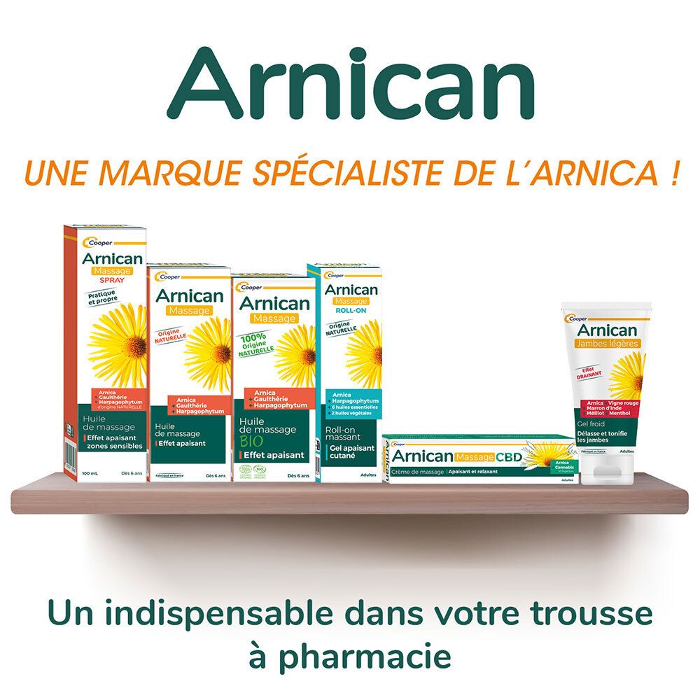 Schap met verschillende Arnican-producten. Tekst: Een merk gespecialiseerd in arnica! Onmisbaar in uw apotheektas.