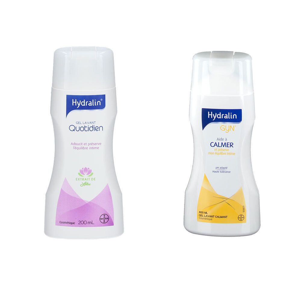 Twee flessen HYDRALIN®. Links: Gel lavant Quotidien. Rechts: Gyn, Gel lavant calmer. Witte doppen, blauwe etiketten.