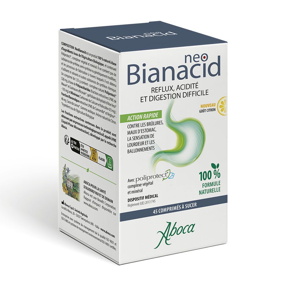 Boîte de produit. Texte : neo Bianacid, Reflux, Acidité & Digestion Difficile, 45 comprimés. Marque : Aboca.