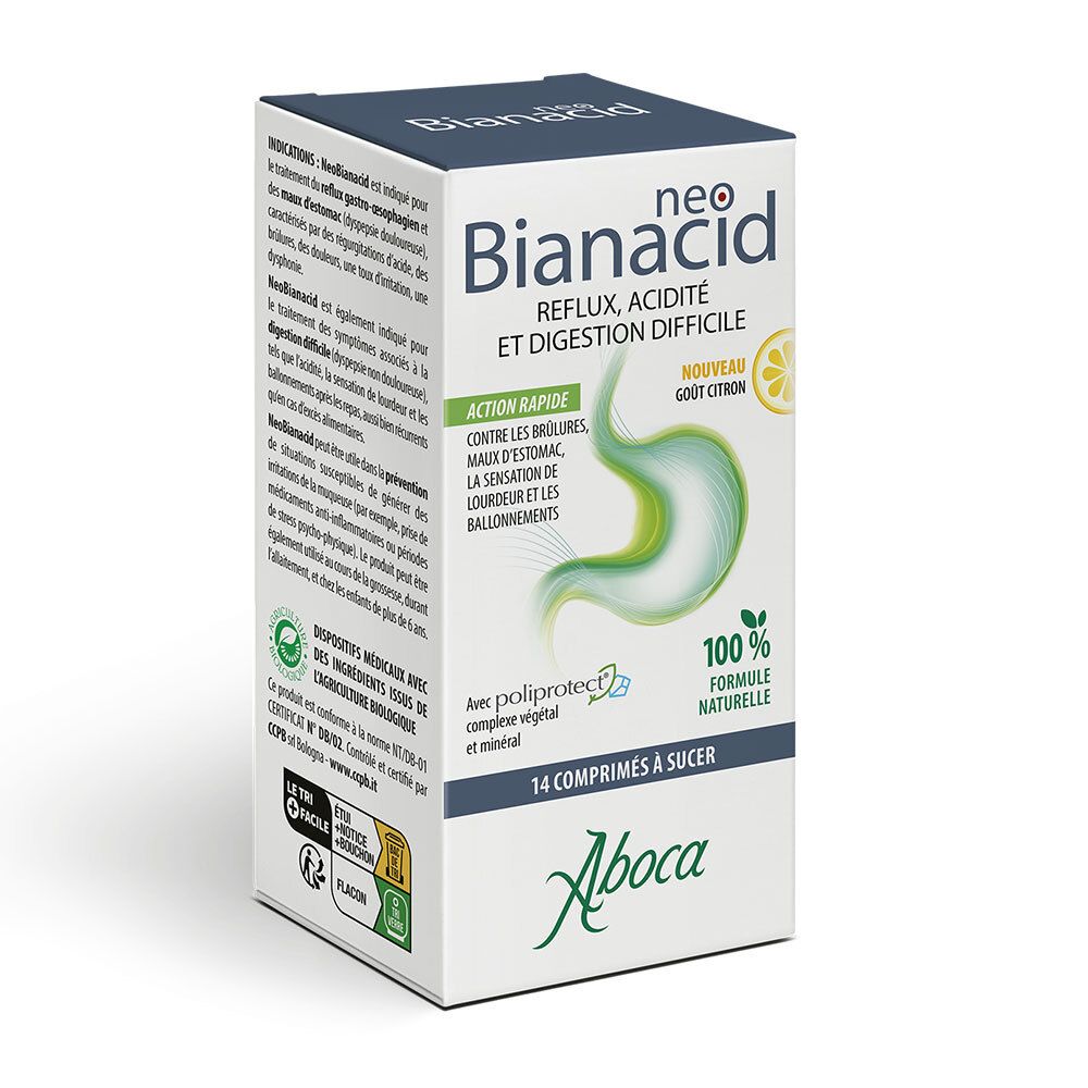 Doos van Neo Bianacid, tegen reflux, zuurheid en moeilijke spijsvertering. Bevat 14 zuigtabletten. Merk Aboca.