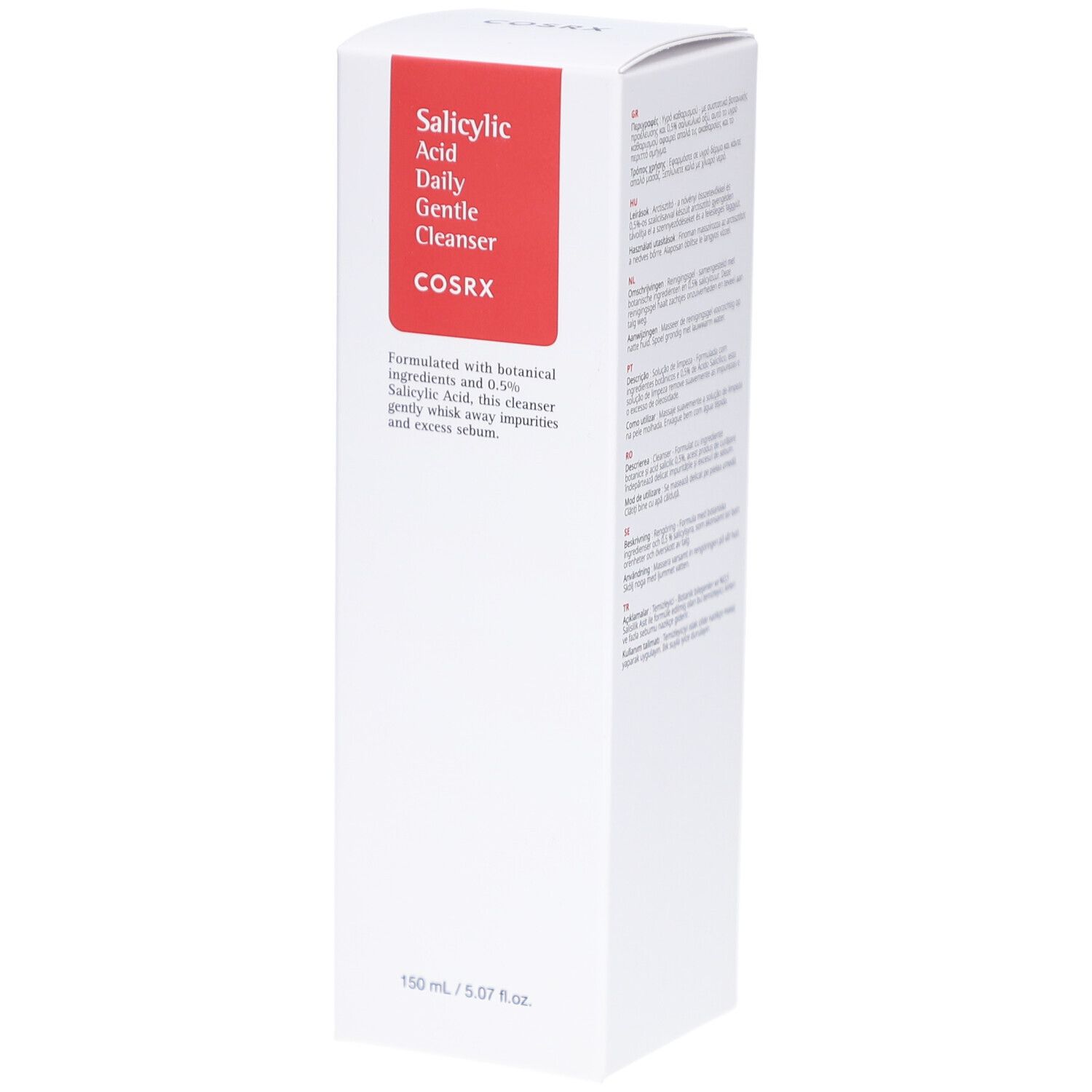 Witte verpakking met rood rechthoek. Tekst: Salicylsäure Daily Gentle Cleanser, COSRX. Productbeschrijving en ingrediënten.