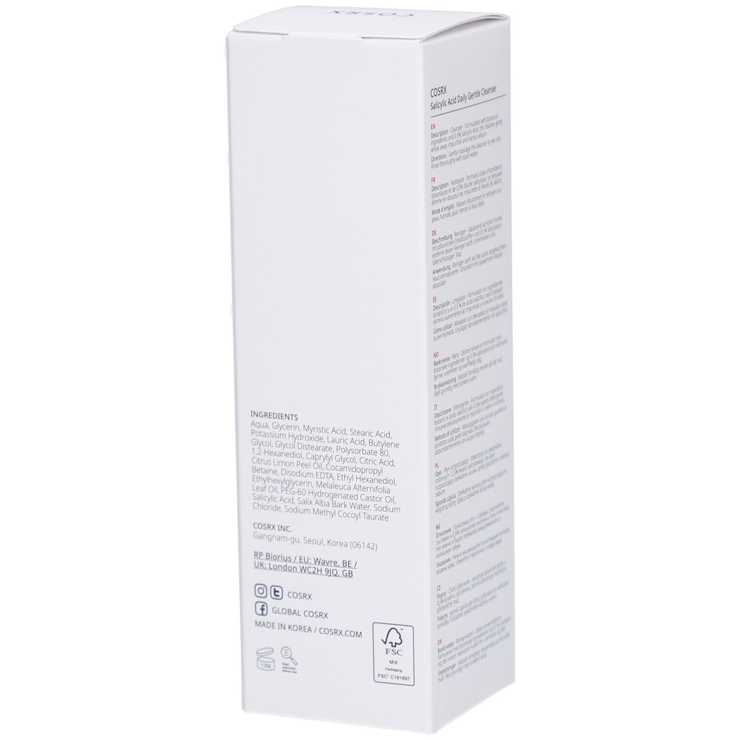 Witte verpakking met ingrediënten en fabrikant informatie. Tekst: COSRX INC, Made in Korea.