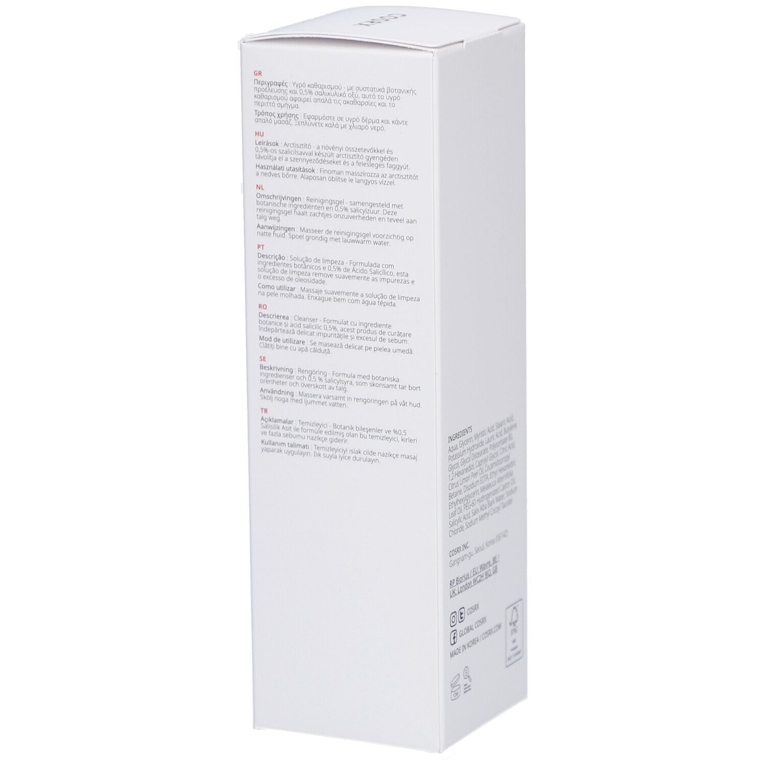 Witte verpakking met productbeschrijving in meerdere talen. Tekst: COSRX Salicylsäure Daily Gentle Cleanser.