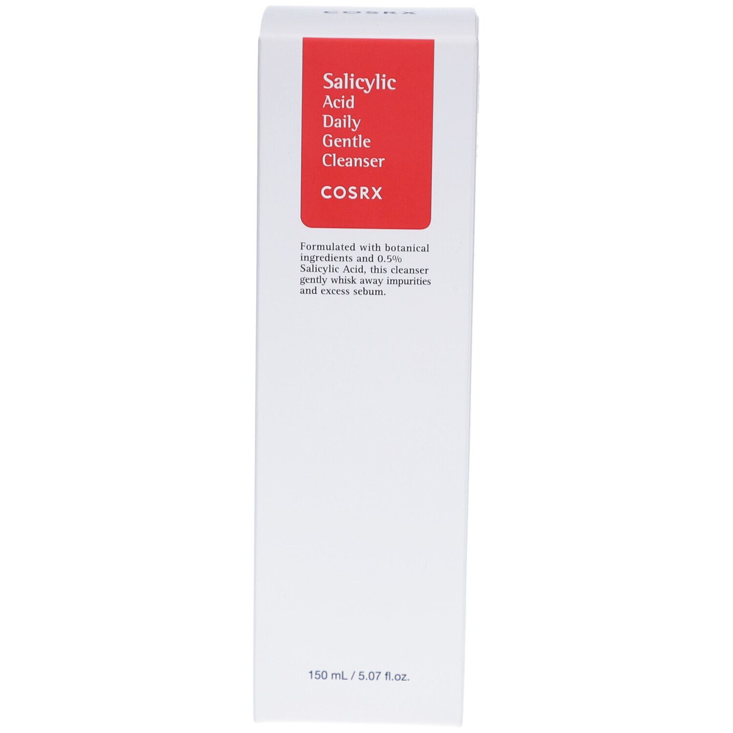 Witte verpakking met rood rechthoek. Tekst: Salicylsäure Daily Gentle Cleanser, COSRX. Productbeschrijving.