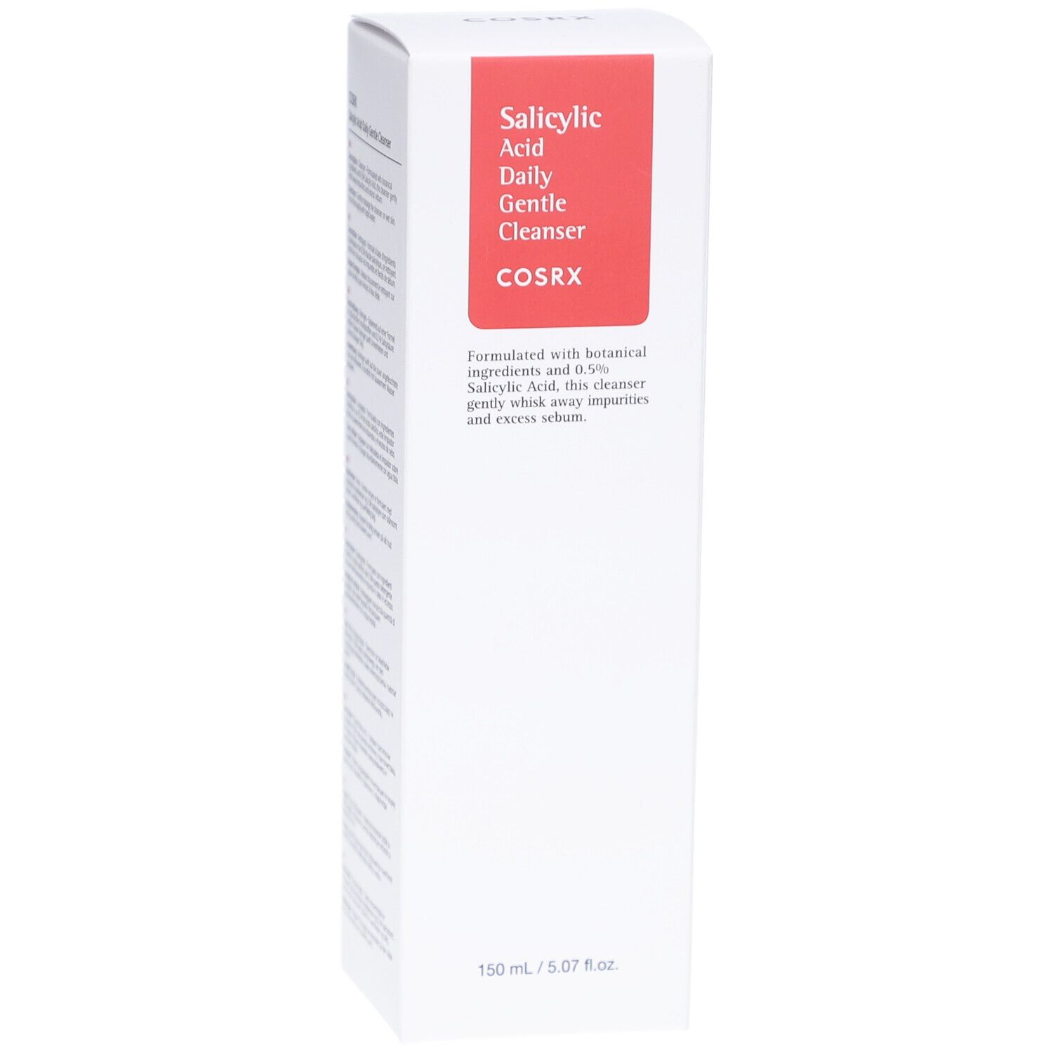 Witte verpakking met rood rechthoek. Tekst: Salicylsäure Daily Gentle Cleanser, COSRX. Productbeschrijving.
