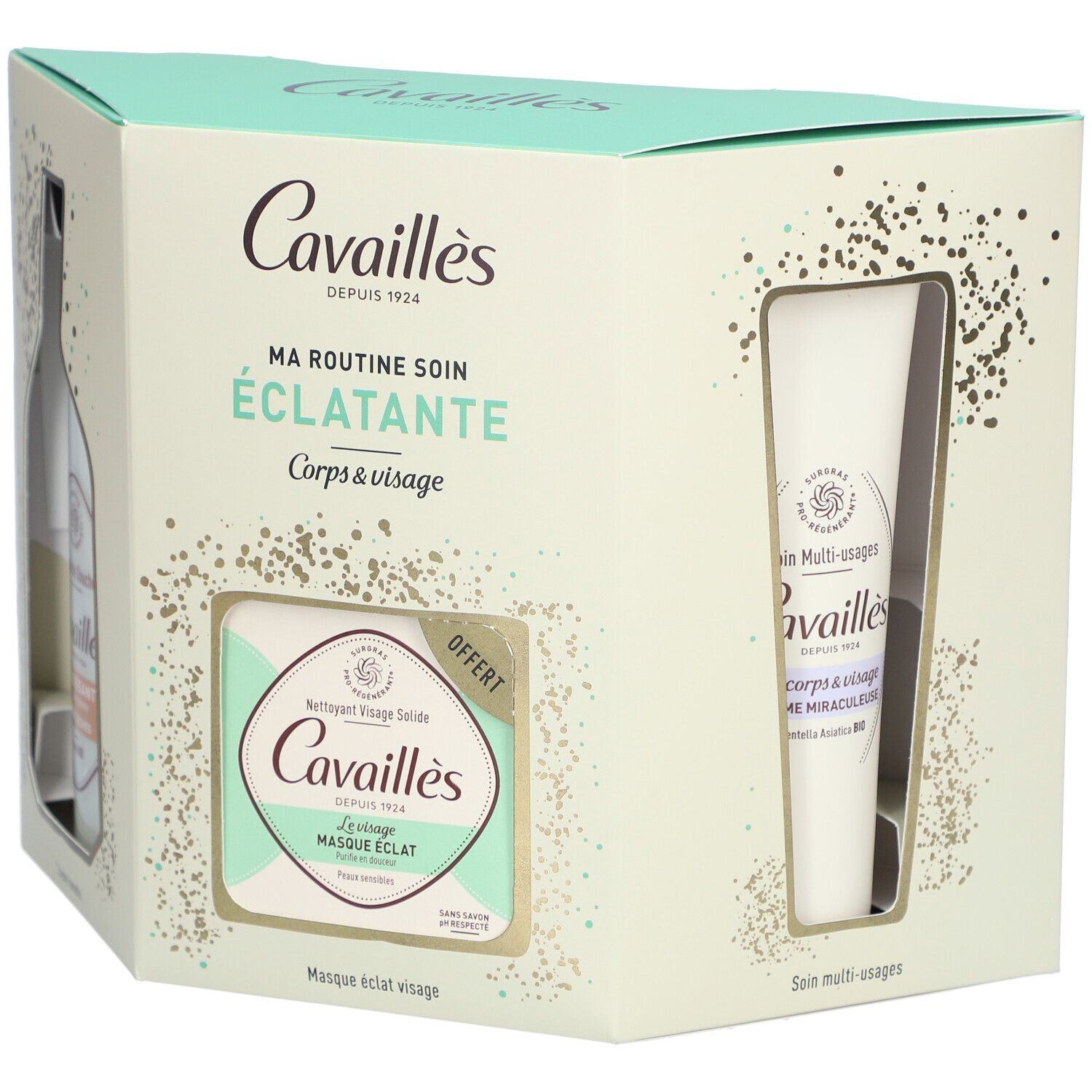Coffret cadeau avec trois produits. Contient une bouteille, un savon et un tube. Inscription : Cavaillès, Ma Routine Soin Éclatante.