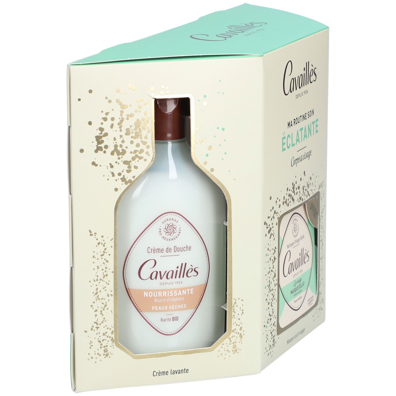 Coffret cadeau avec une bouteille. Inscription : Cavaillès, Crème de Douche Nourrissante. Emballage blanc et marron.
