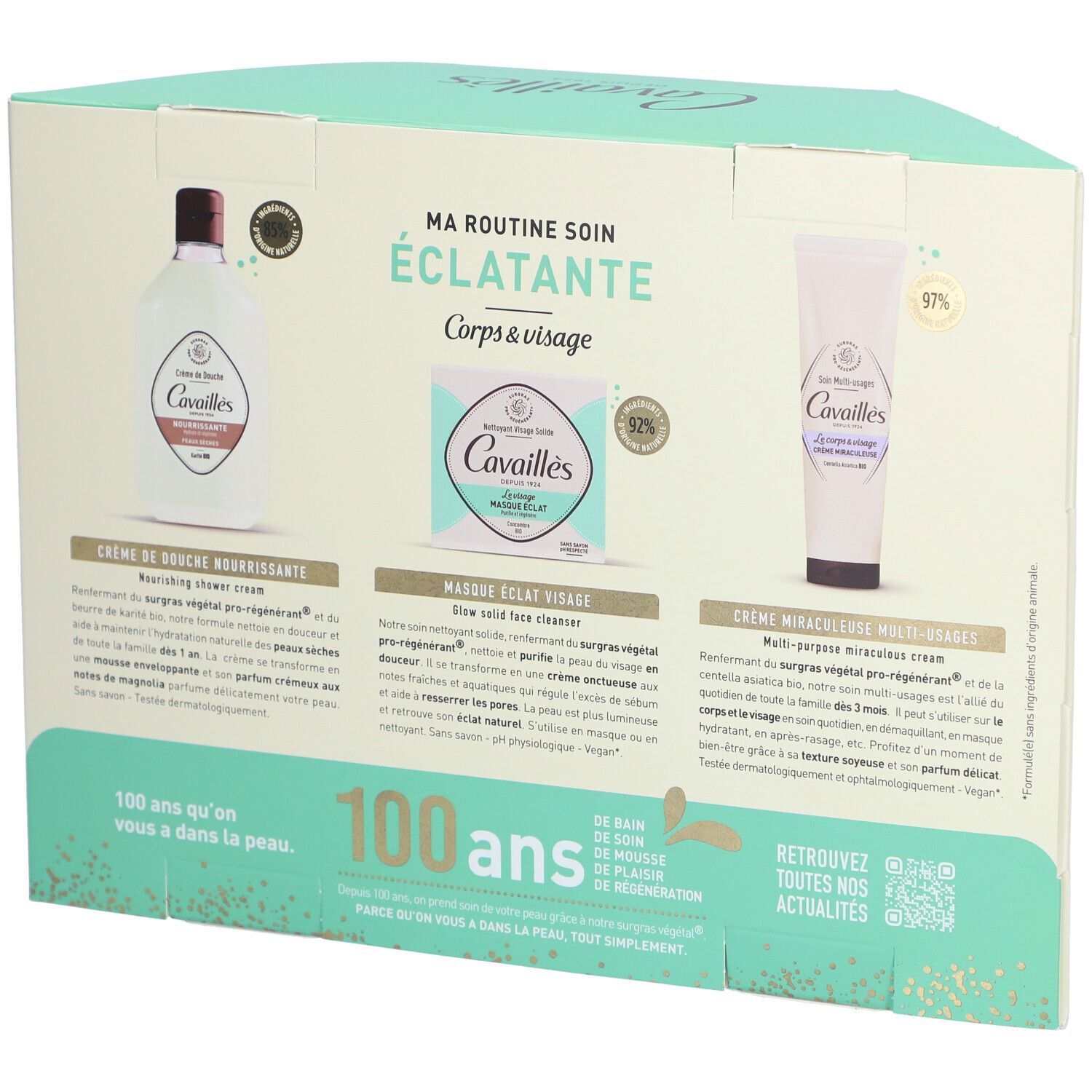 Dos du coffret cadeau. Montre les produits : crème de douche, masque visage, crème multi-usages. Texte : Ma Routine Soin Éclatante.