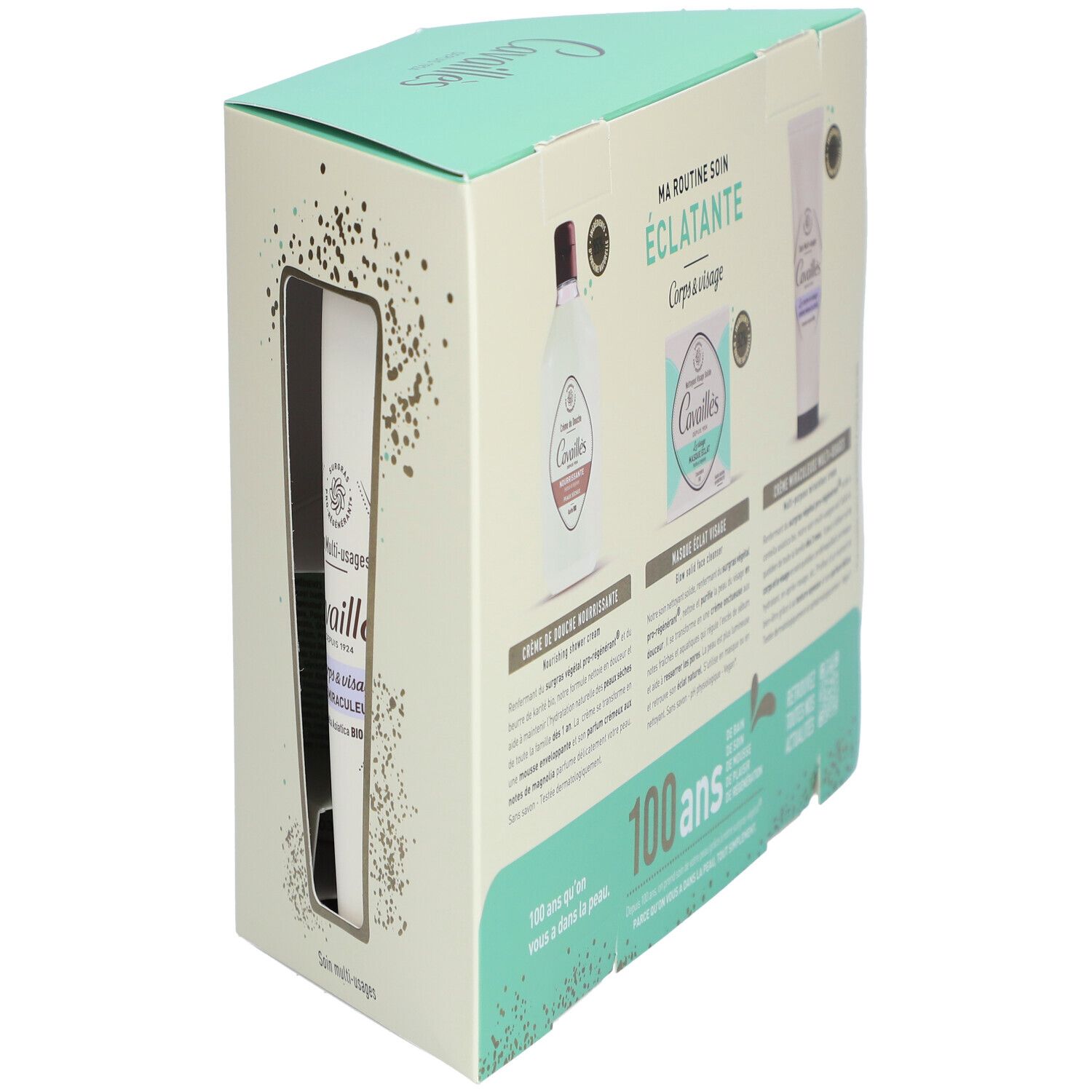 Coffret cadeau, en biais. Montre une bouteille et un tube. Inscription : Ma Routine Soin Éclatante. Emballage vert et blanc.