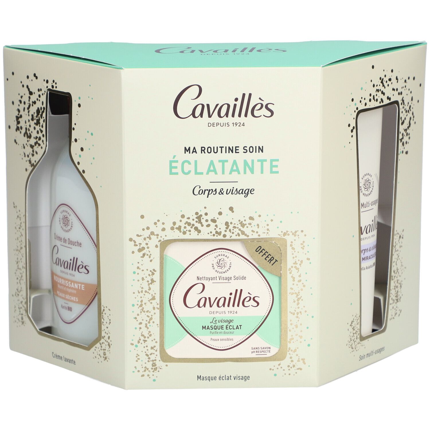 Coffret cadeau avec trois produits. Contient une bouteille, un savon et un tube. Inscription : Cavaillès, Ma Routine Soin Éclatante.