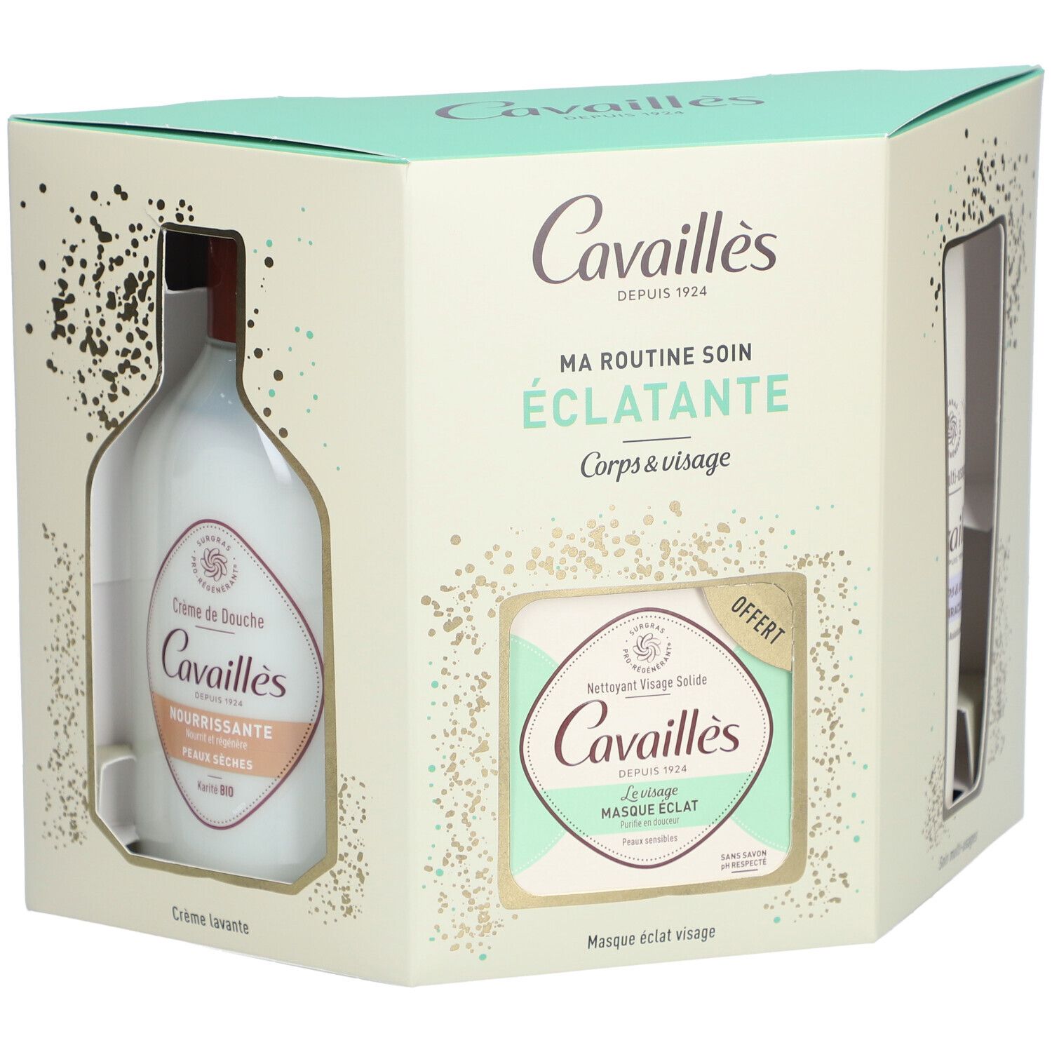 Coffret cadeau avec trois produits. Contient une bouteille, un savon et un tube. Inscription : Cavaillès, Ma Routine Soin Éclatante.