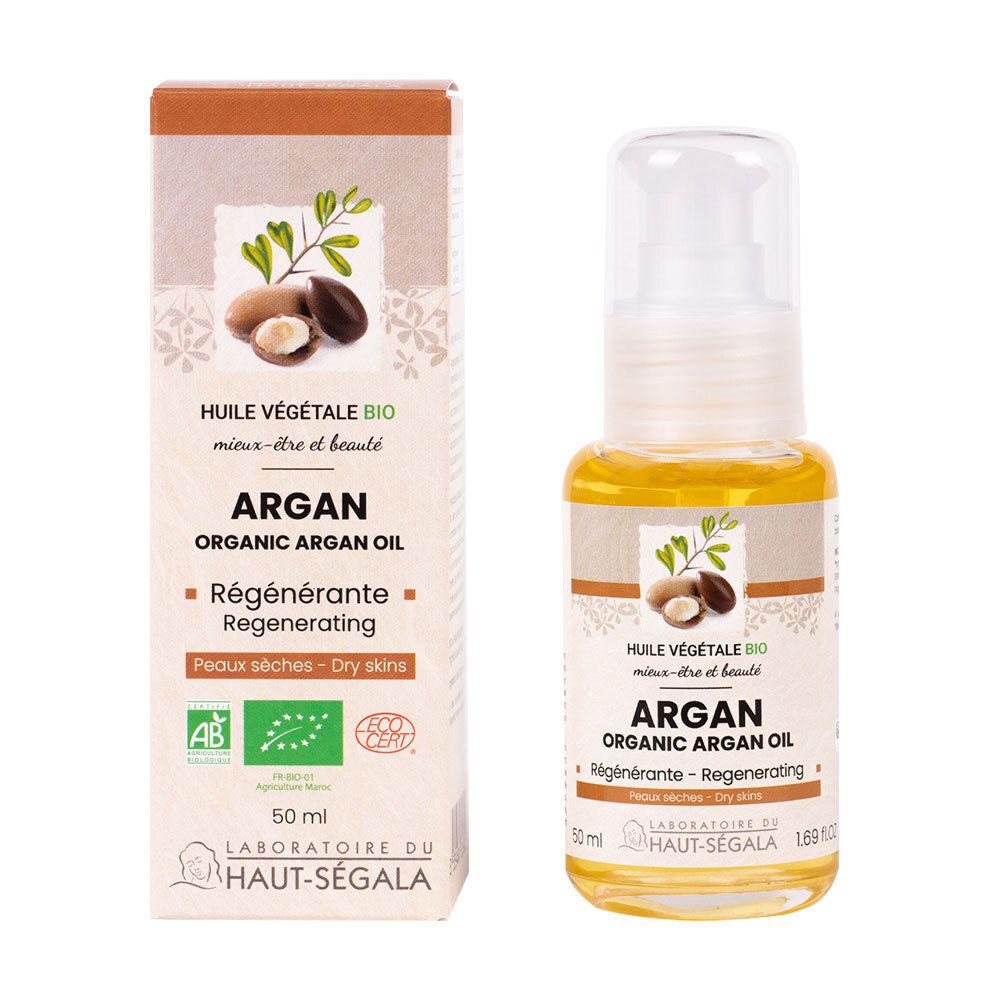 Arganolie fles en verpakking. Opschrift: Arganolie bio, regenererend, voor droge huid. Labels: AB, Eco Cert.