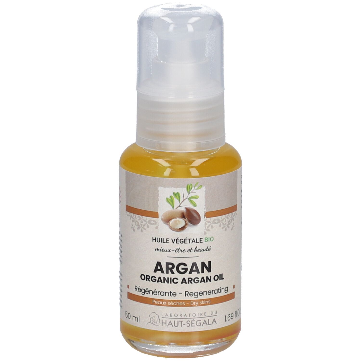 Arganolie fles met pomp. Opschrift: Arganolie bio, regenererend, voor droge huid. Label: Eco Cert.
