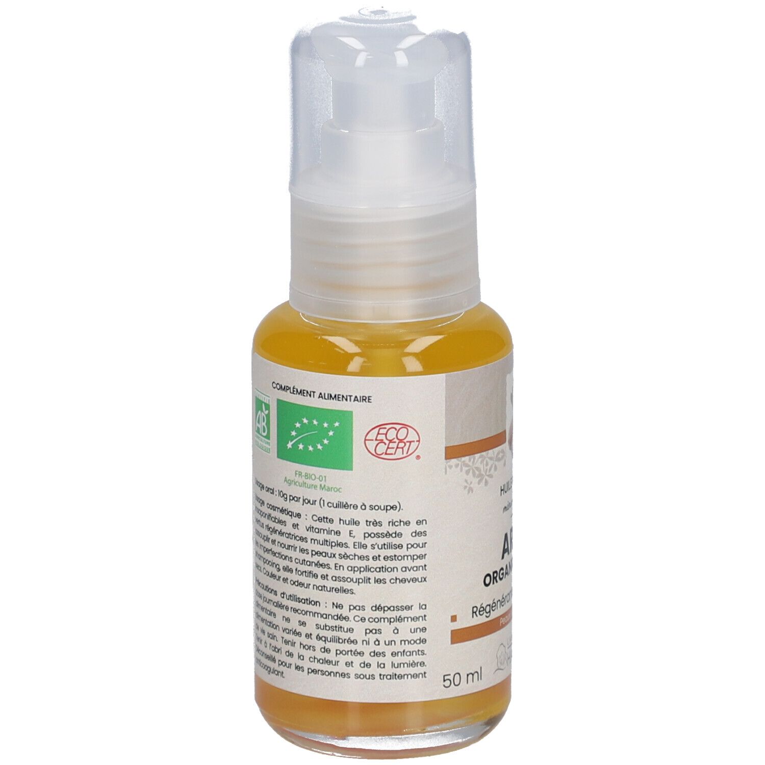 Arganolie fles met pomp. Opschrift: Arganolie bio, regenererend, voor droge huid. Label: Eco Cert.