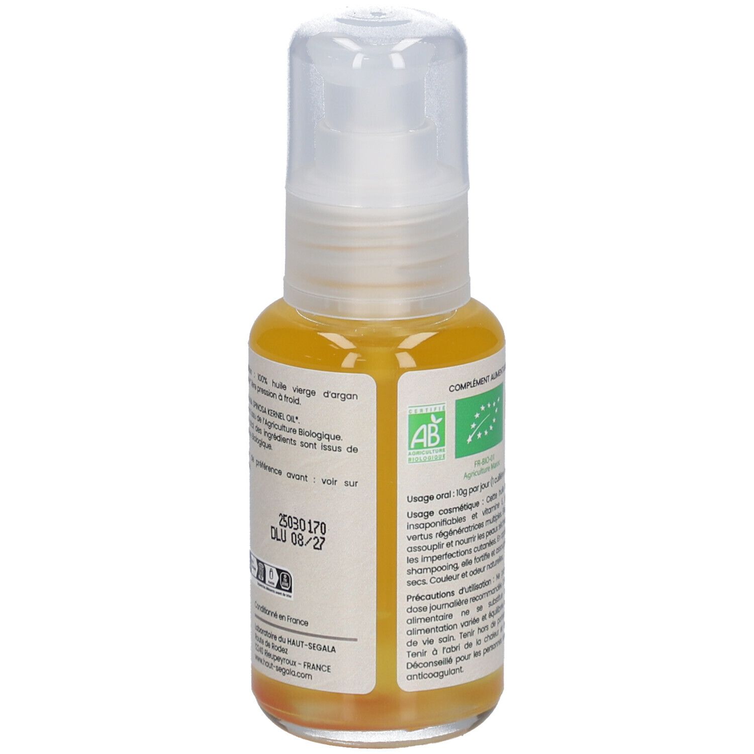 Arganolie fles met pomp. Opschrift: Arganolie bio, regenererend, voor droge huid. Label: Eco Cert.