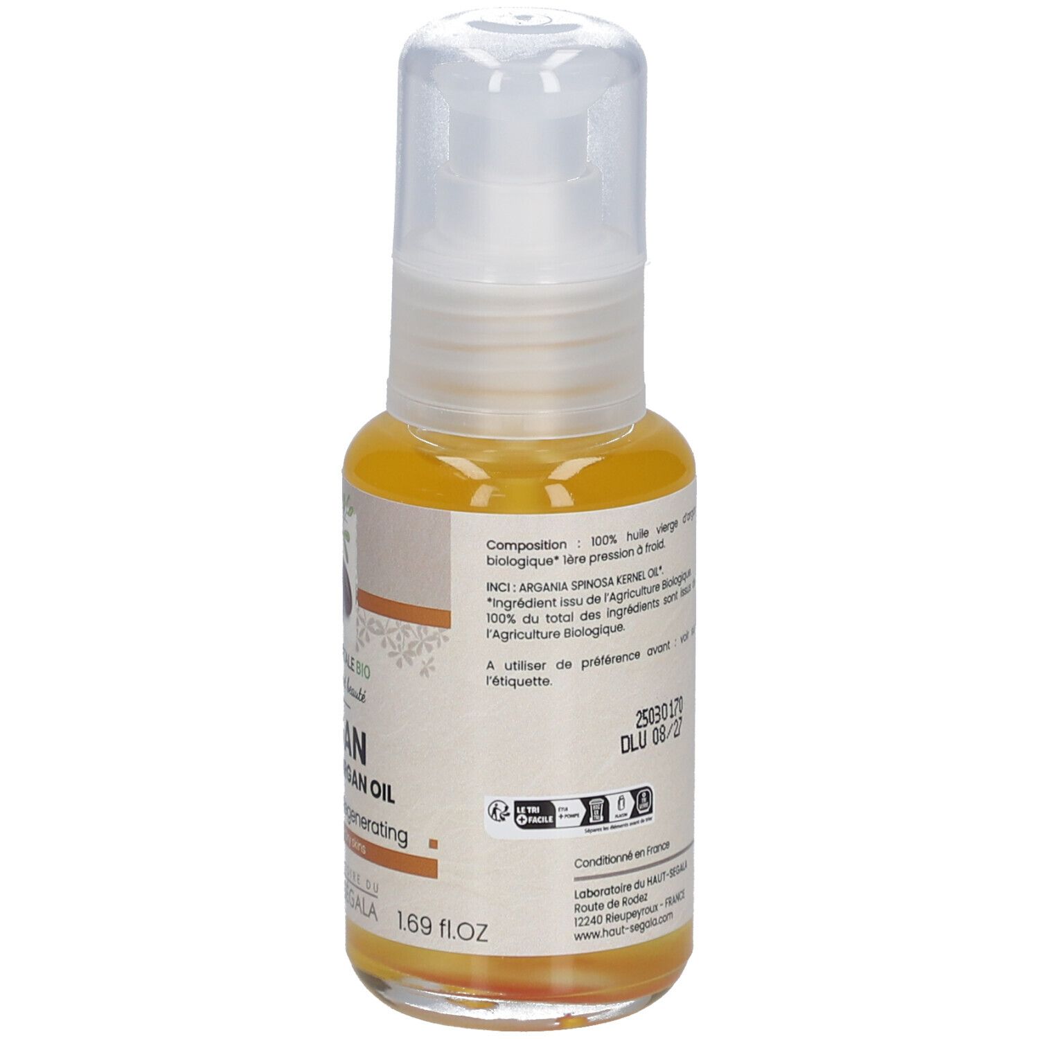 Arganolie fles met pomp. Opschrift: Arganolie bio, regenererend, voor droge huid. Label: Eco Cert.