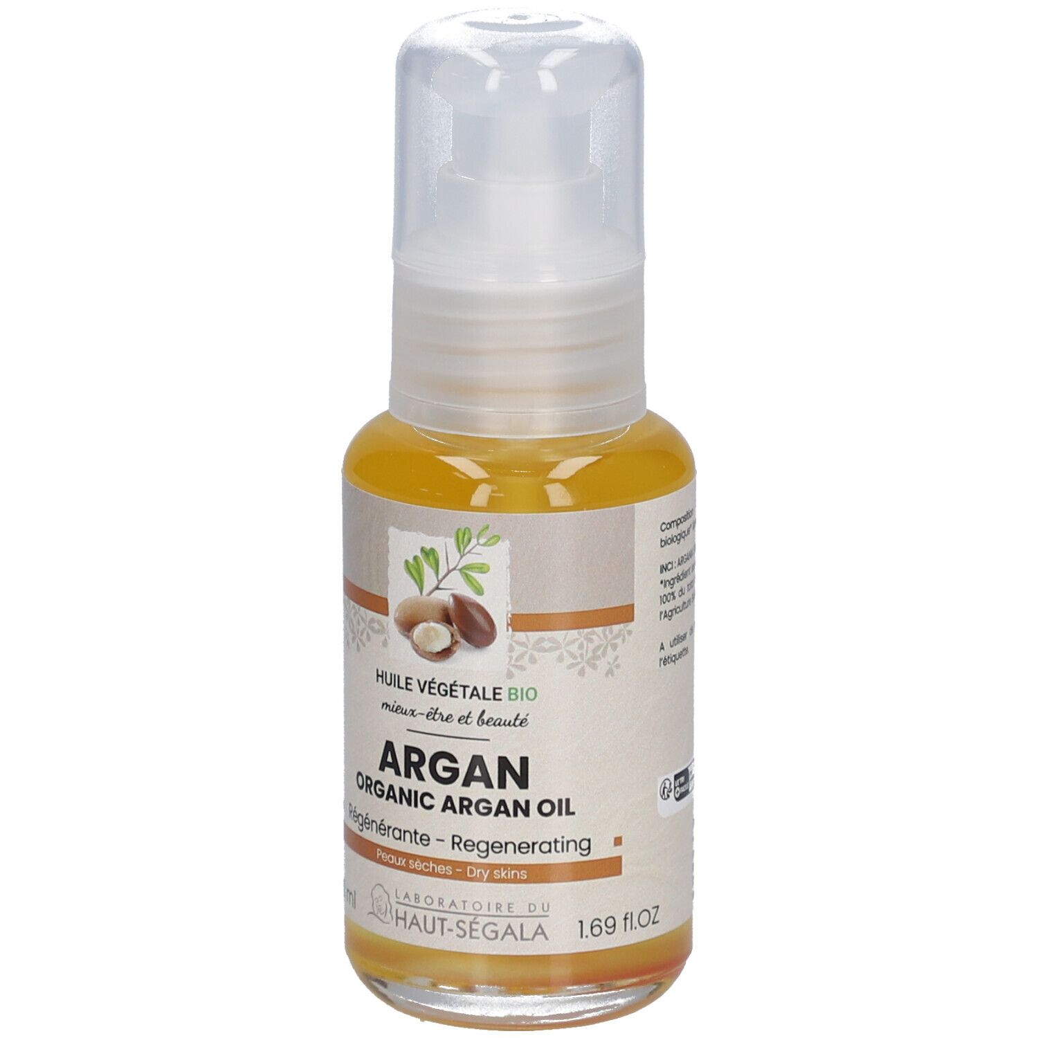 Arganolie fles met pomp. Opschrift: Arganolie bio, regenererend, voor droge huid. Label: Eco Cert.