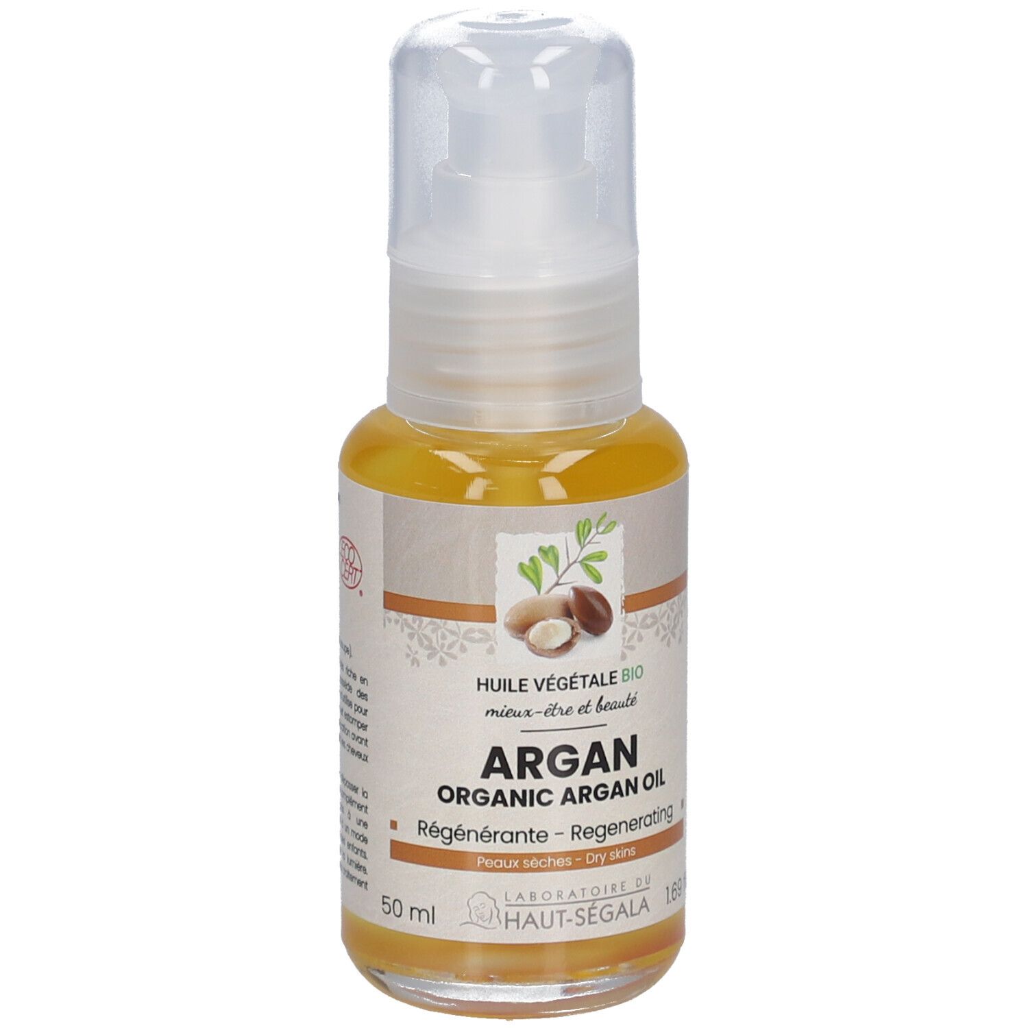 Arganolie fles met pomp. Opschrift: Arganolie bio, regenererend, voor droge huid. Label: Eco Cert.