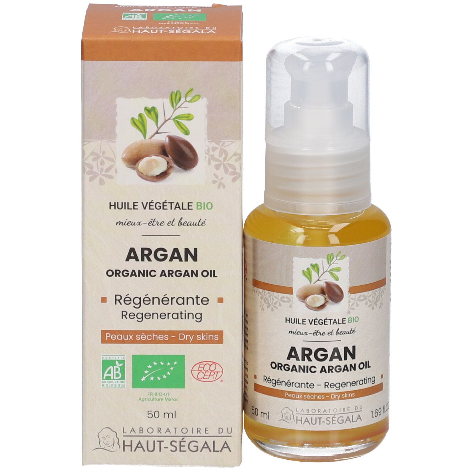Arganolie fles en verpakking. Opschrift: Arganolie bio, regenererend, voor droge huid. Labels: AB, Eco Cert.