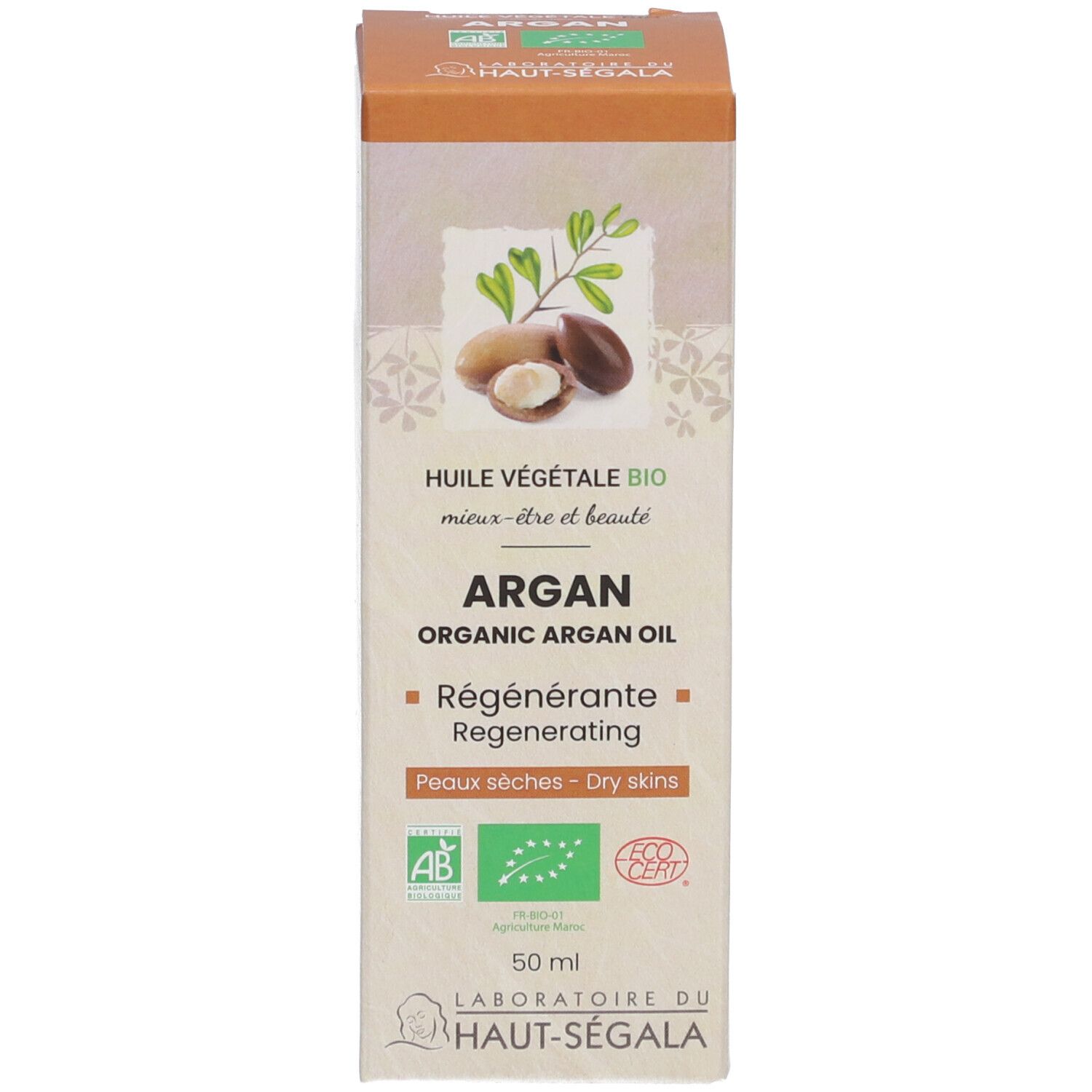 Verpakking arganolie. Opschrift: Arganolie bio, regenererend, voor droge huid. Labels: AB, Eco Cert.