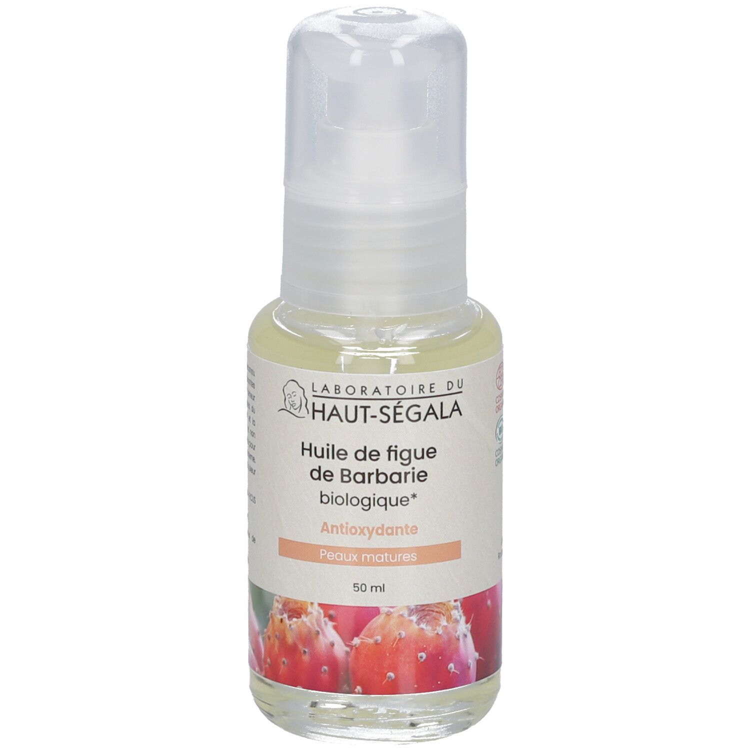 Transparante fles met doseerpomp. Etiket met productnaam en logo. Illustratie van cactusvijgen. Biologische certificering.